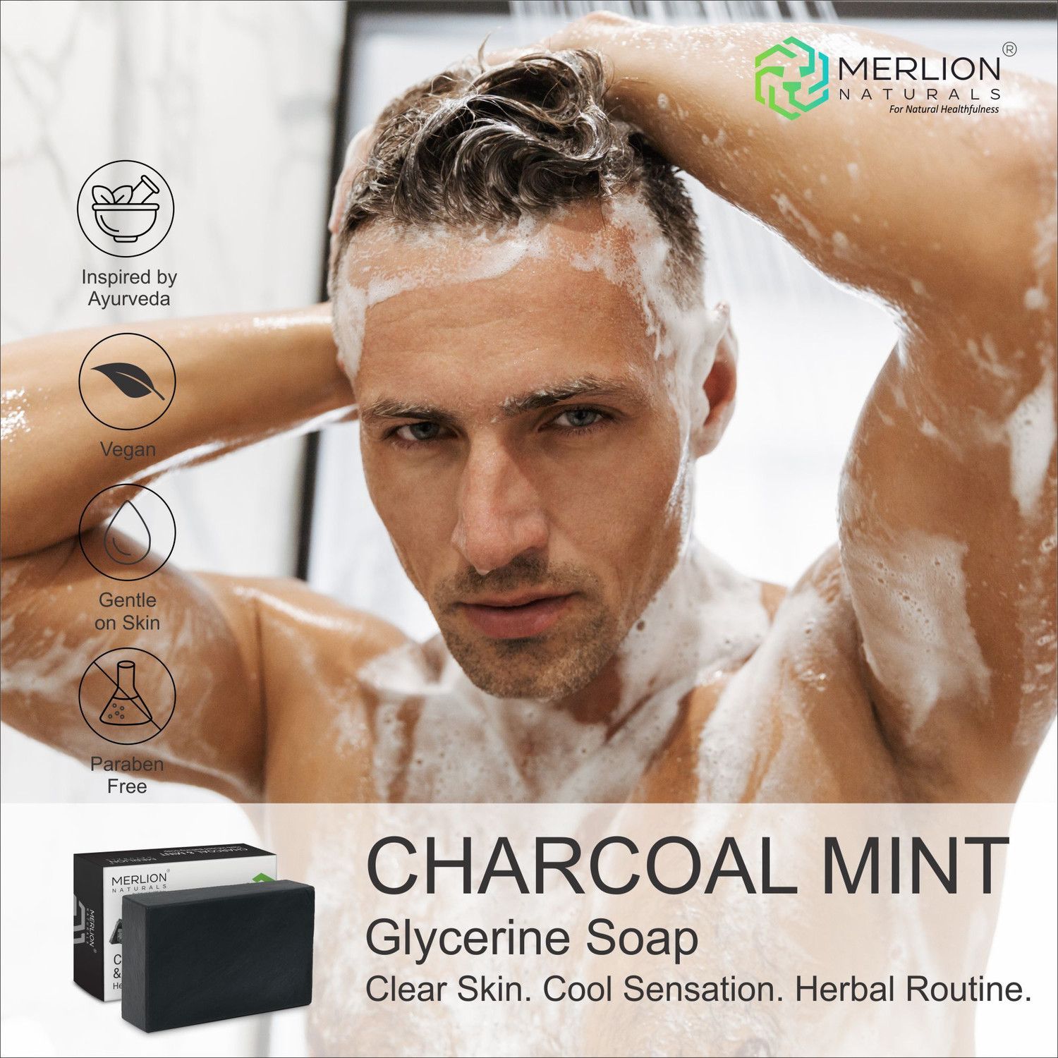 Image of Merlion Naturals Charcoal & Mint Glycerine Soap 100gm X 3 Pcs, Herb Infused Bathing Soap