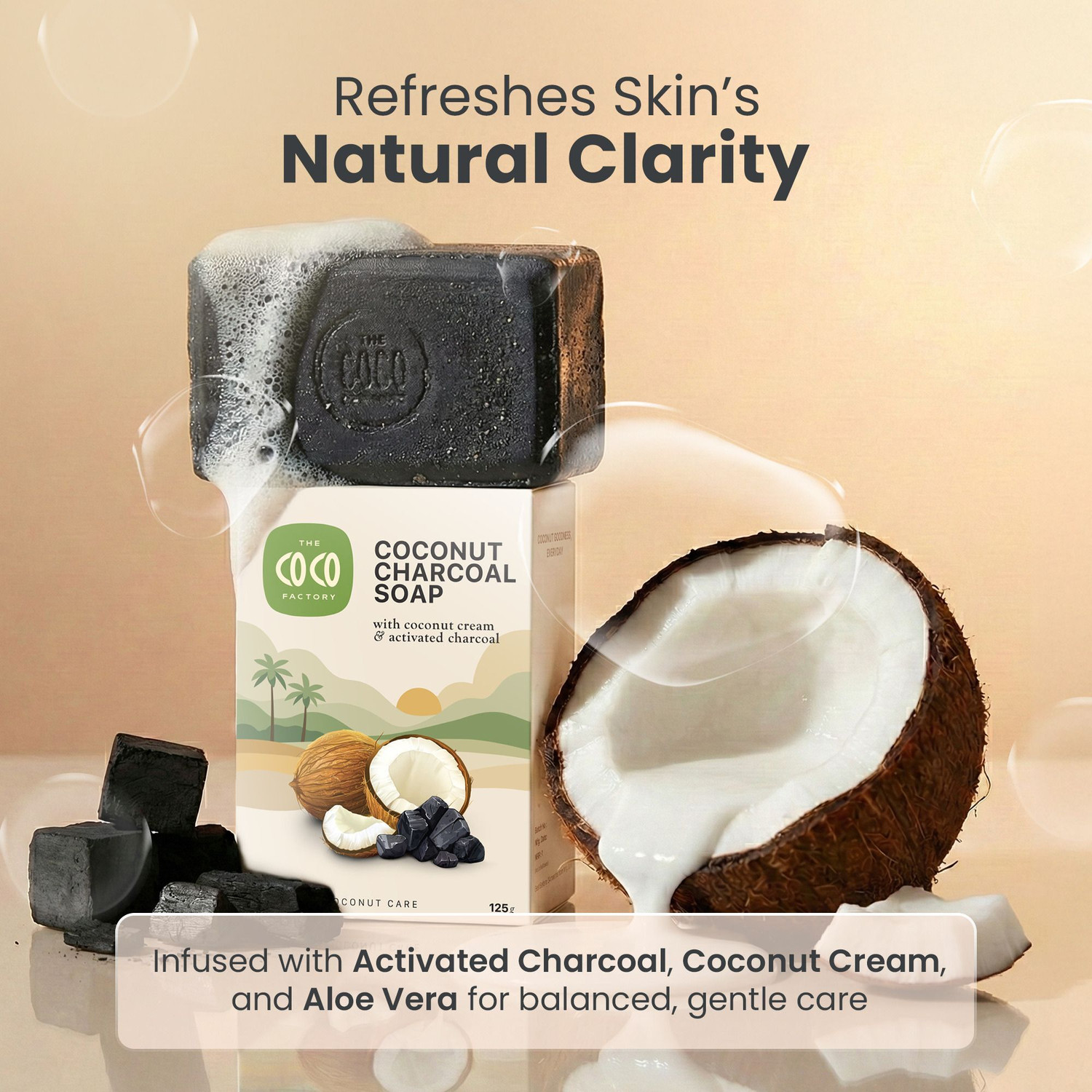 Image of THE COCO FACTORY Activated Charcoal Handmade Soap | Natural Detox Bar for Acne & Oily Skin