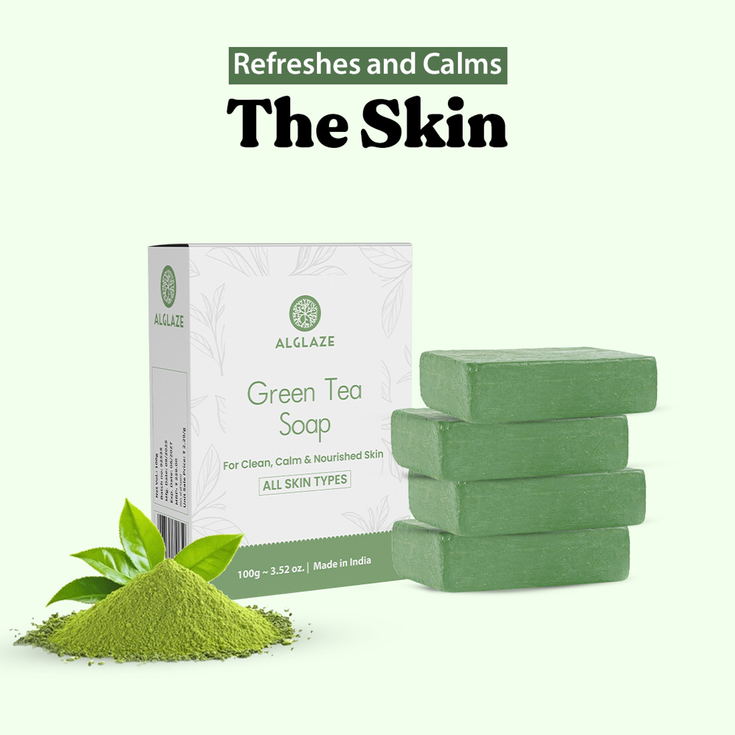 Image of Alglaze Green Tea Soap With Shea Butter & Jojoba Oil | Cleanses, Calms & Nourishes
