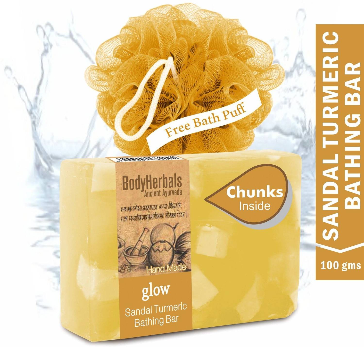 BodyHerbals Glow Soap, Hand Made Sandal Turmeric Bathing Bar with Natural Chunks