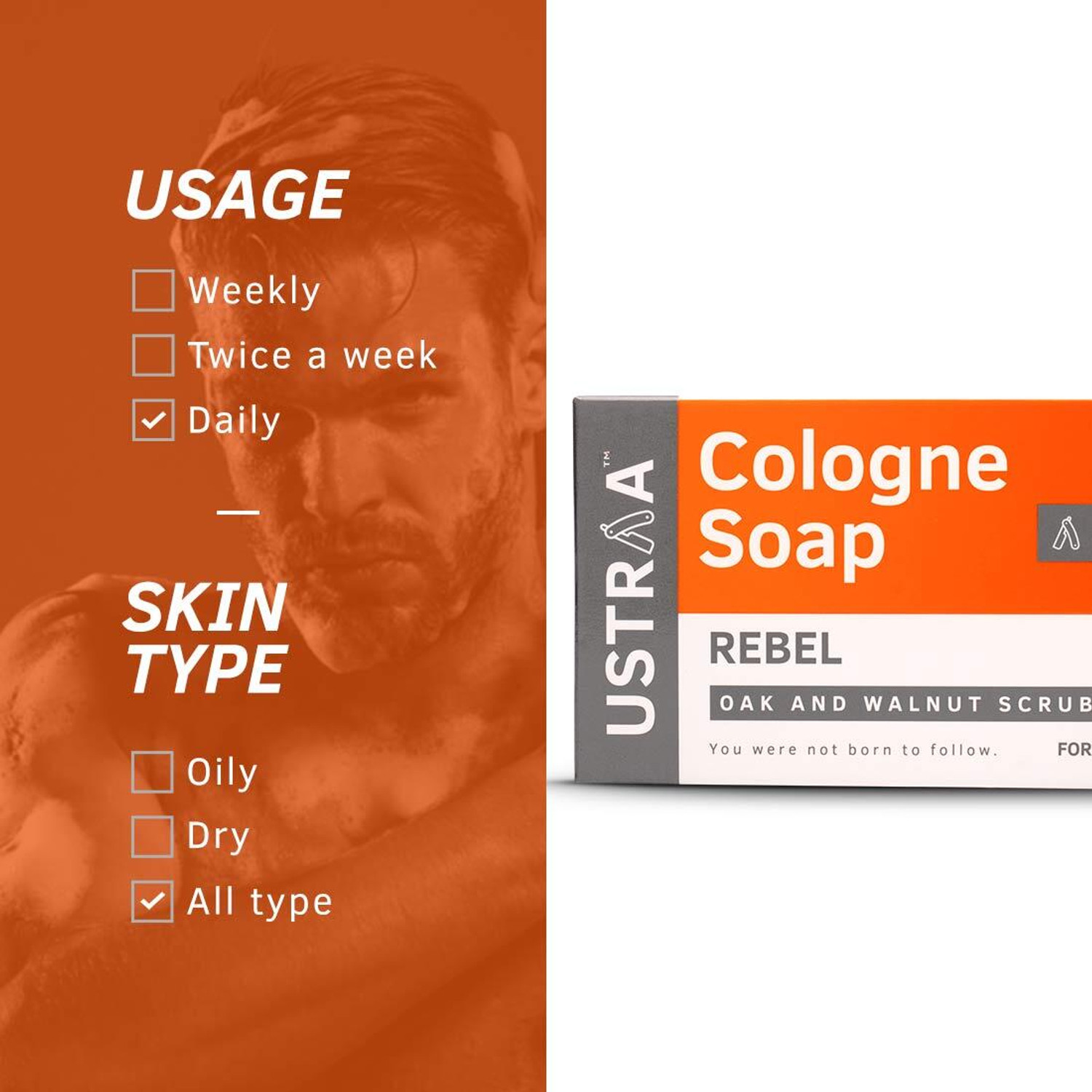 Image of USTRAA Rebel Cologne Soap with Oak & Walnut Scrub, For Deep Cleaning & Mild Exfoliation