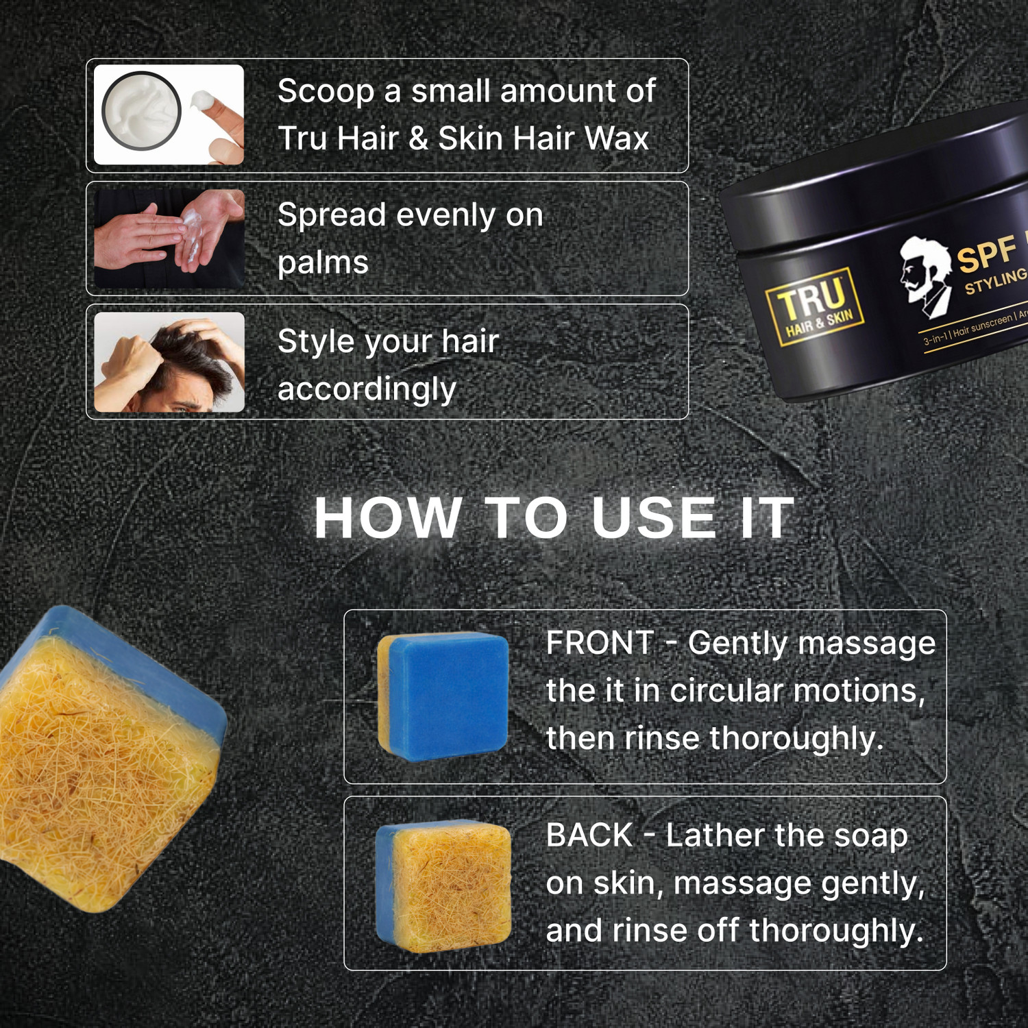 Image of TRU HAIR & SKIN Rebelx soap with natural Loofah - 100gm + SPF 50 Styling Cream