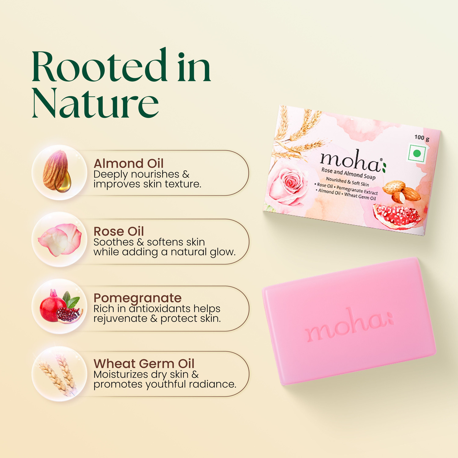 Image of MOHA Rose & Almond Bathing Soap for Women & Men | Gently Exfoliates & Hydrates Skin