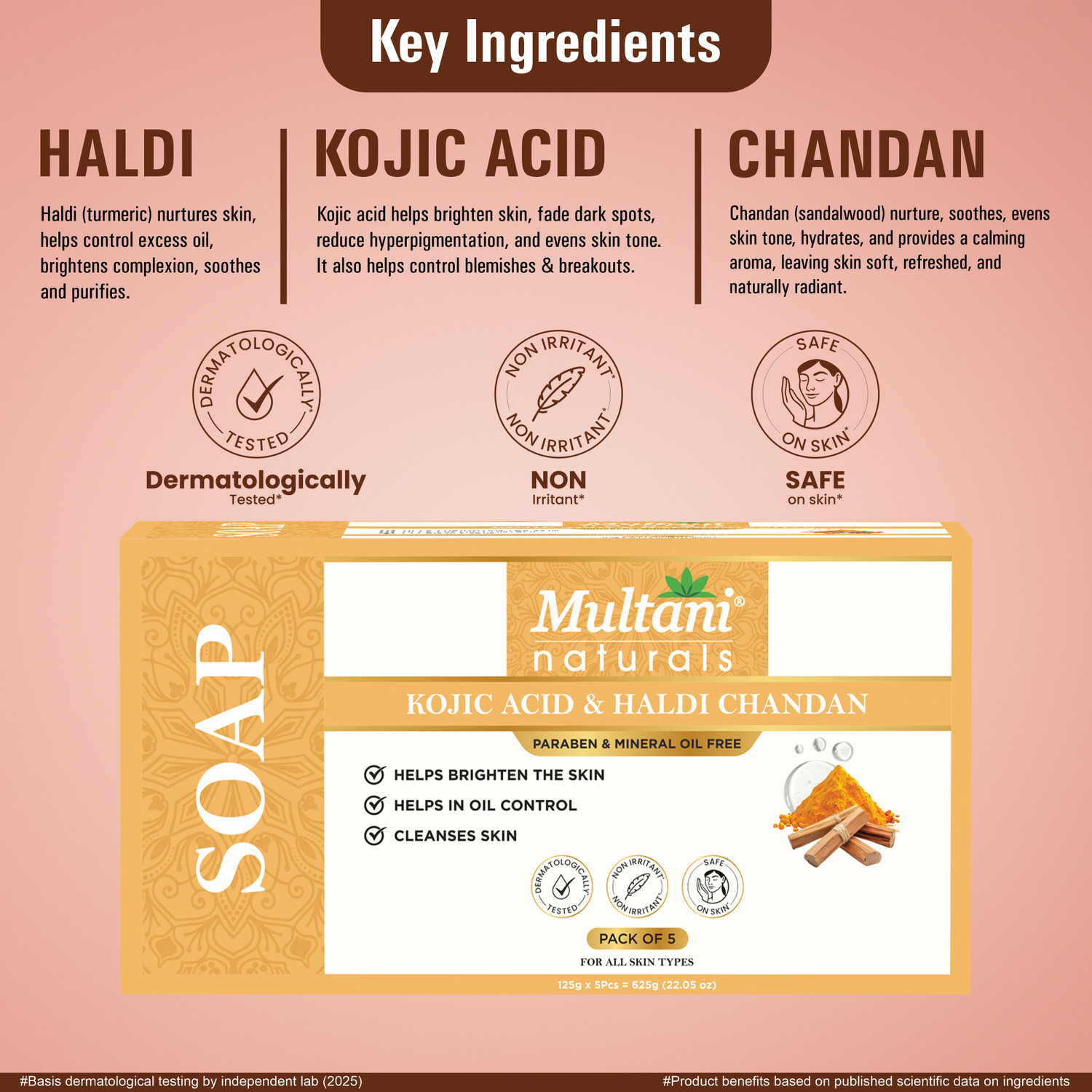 Image of Multani Natural 1% Kojic Acid & Haldi Chandan Handmade Soap (Pack of 5) | Skin Whitening