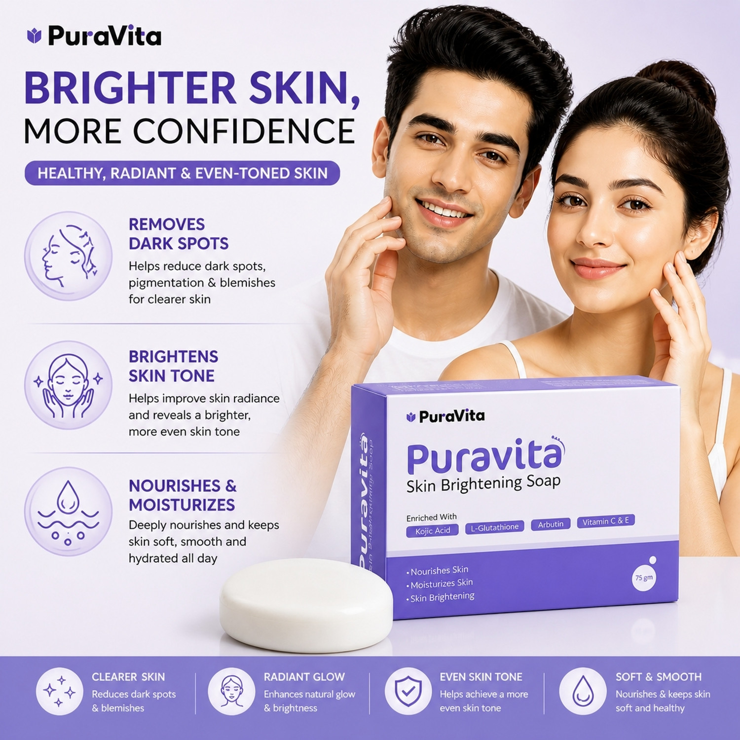 Image of PuraVita Kojic Acid Soap with Glutathione for Skin Brightening and Tan Removal Men Women