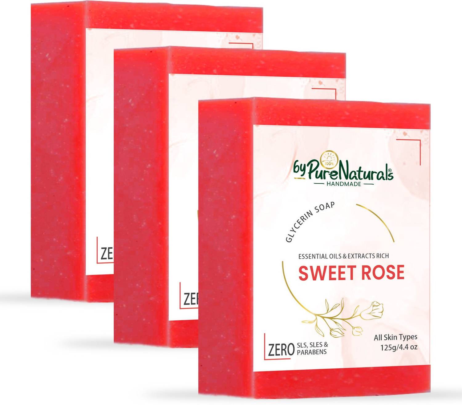 byPurenaturals Organic,Natural Glycerin Made Sweet Rose Soap For Men Women 125gm Pack of 3…
