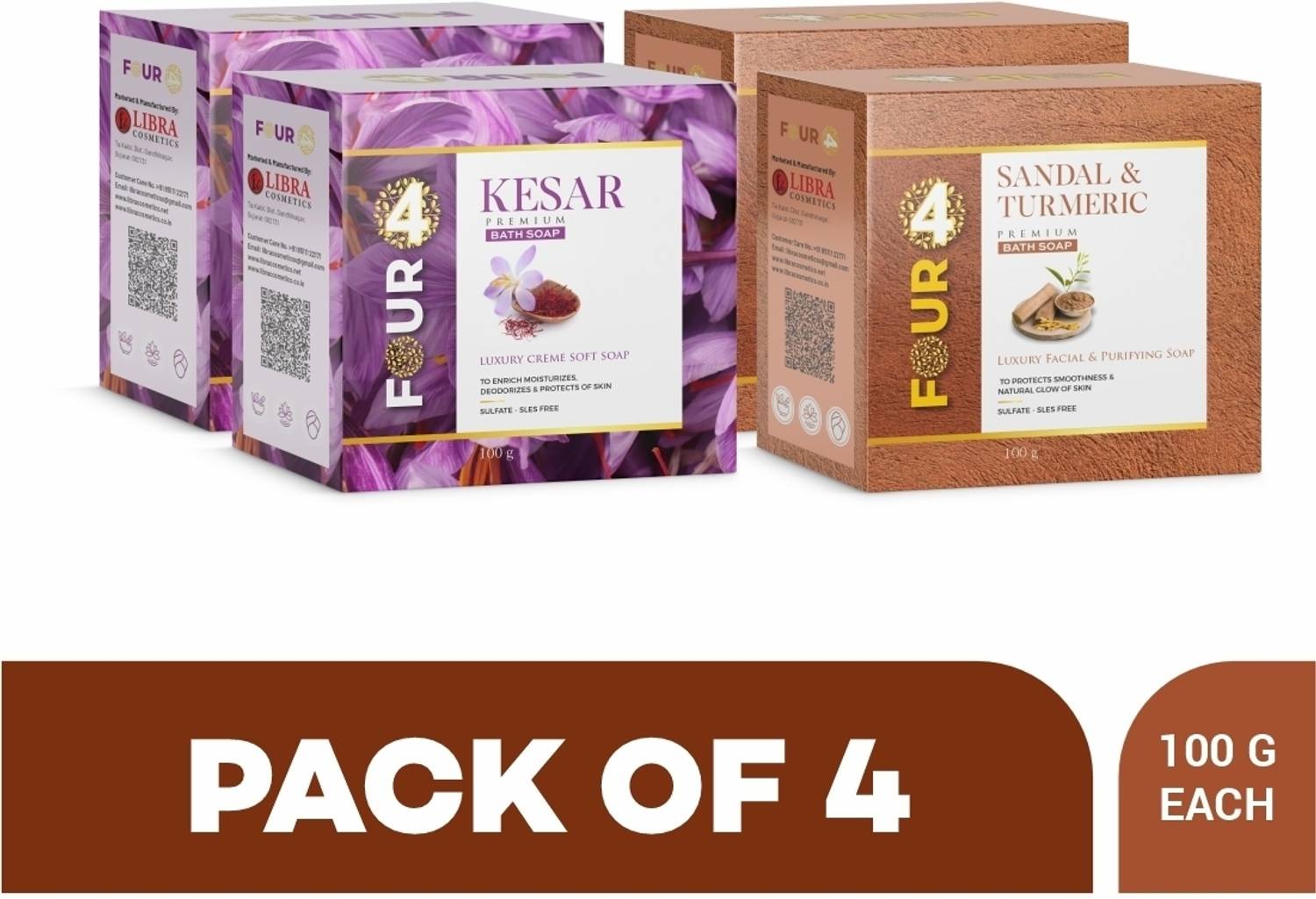 4FOUR Kesar Skin Soap (2 x 100g) + Sandal & turmeric Soap (2 x 100g)