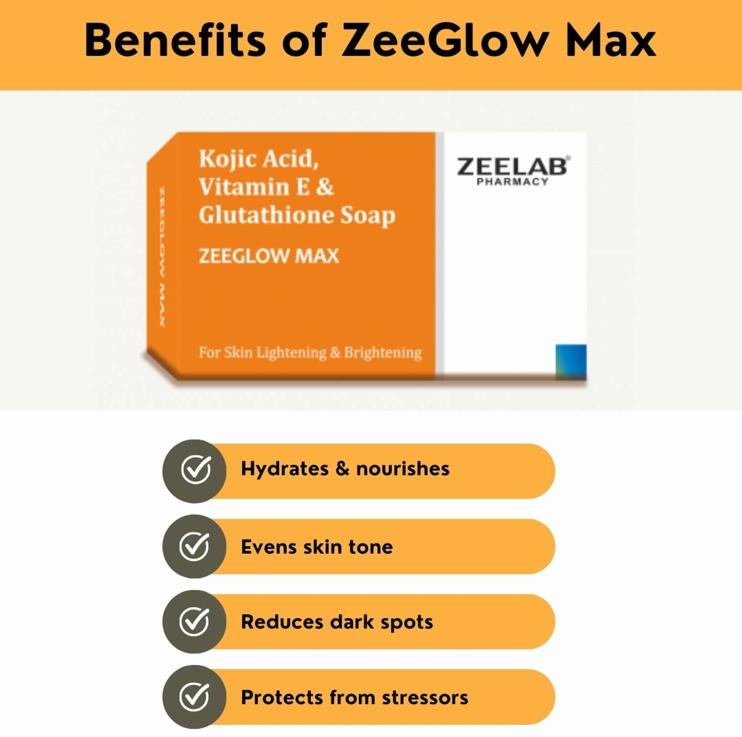 zeeglow max kojic acid and glutathione soap ZEE LAB Zeeglow Max Kojic Acid, Vit E & Glutathione Soap 75g | Remove Tan &  Pigmentation