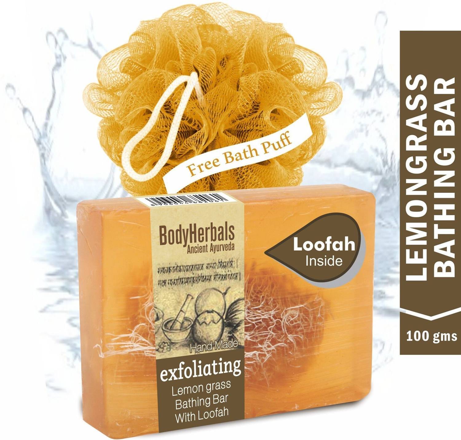BodyHerbals Exfoliating Soap, Hand Made Lemongrass Bathing Bar with Natural Loofah