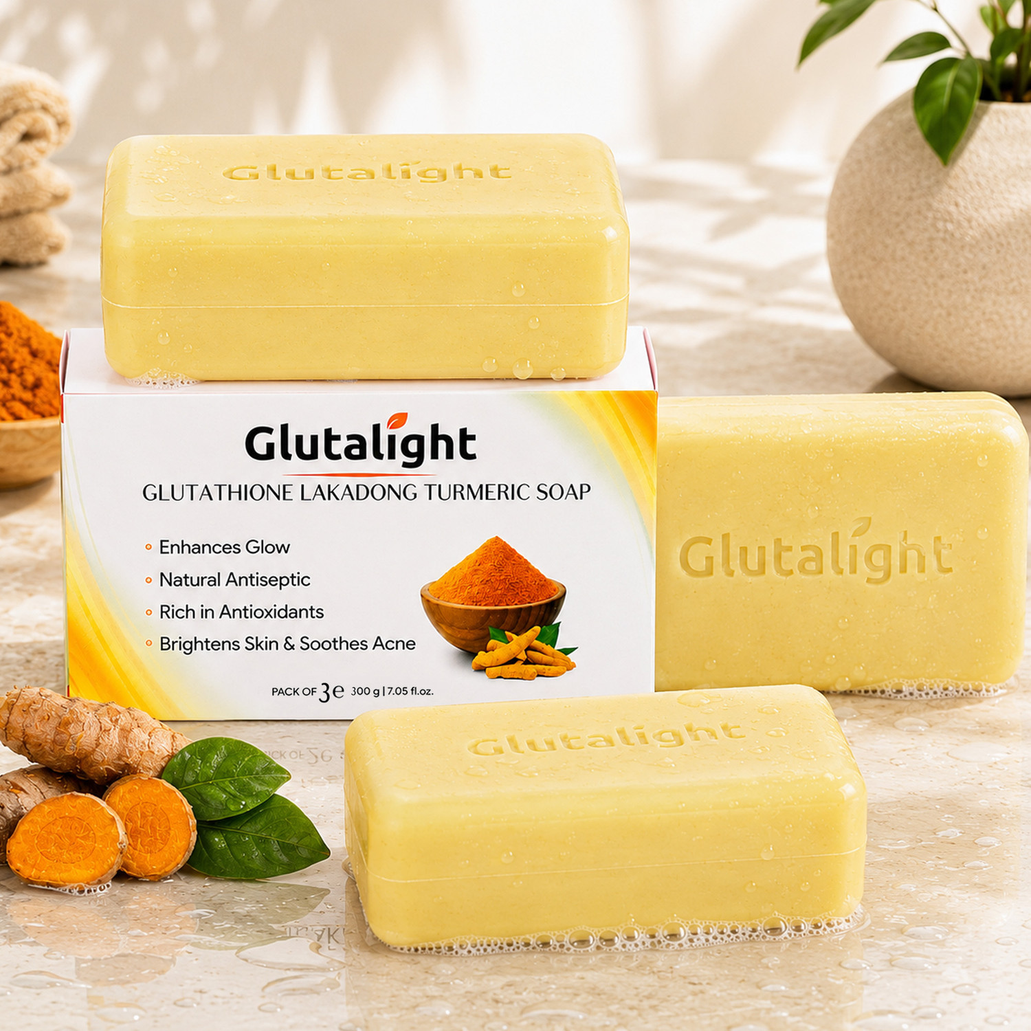 Image of Glutalight Glutathione Lakadong Turmeric Soap - Korean Skincare, Pack of 3