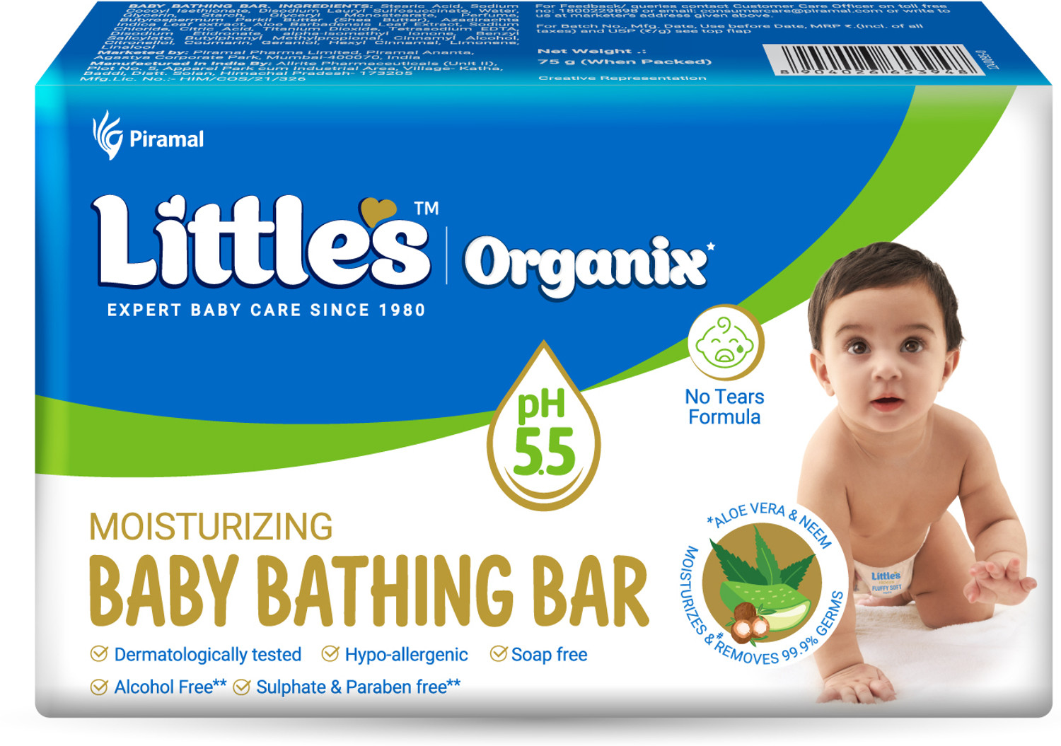 Image of Little's Organix Baby Bathing Bar | pH 5.5 | Tear Free Baby Soap| Dermatologically Tested