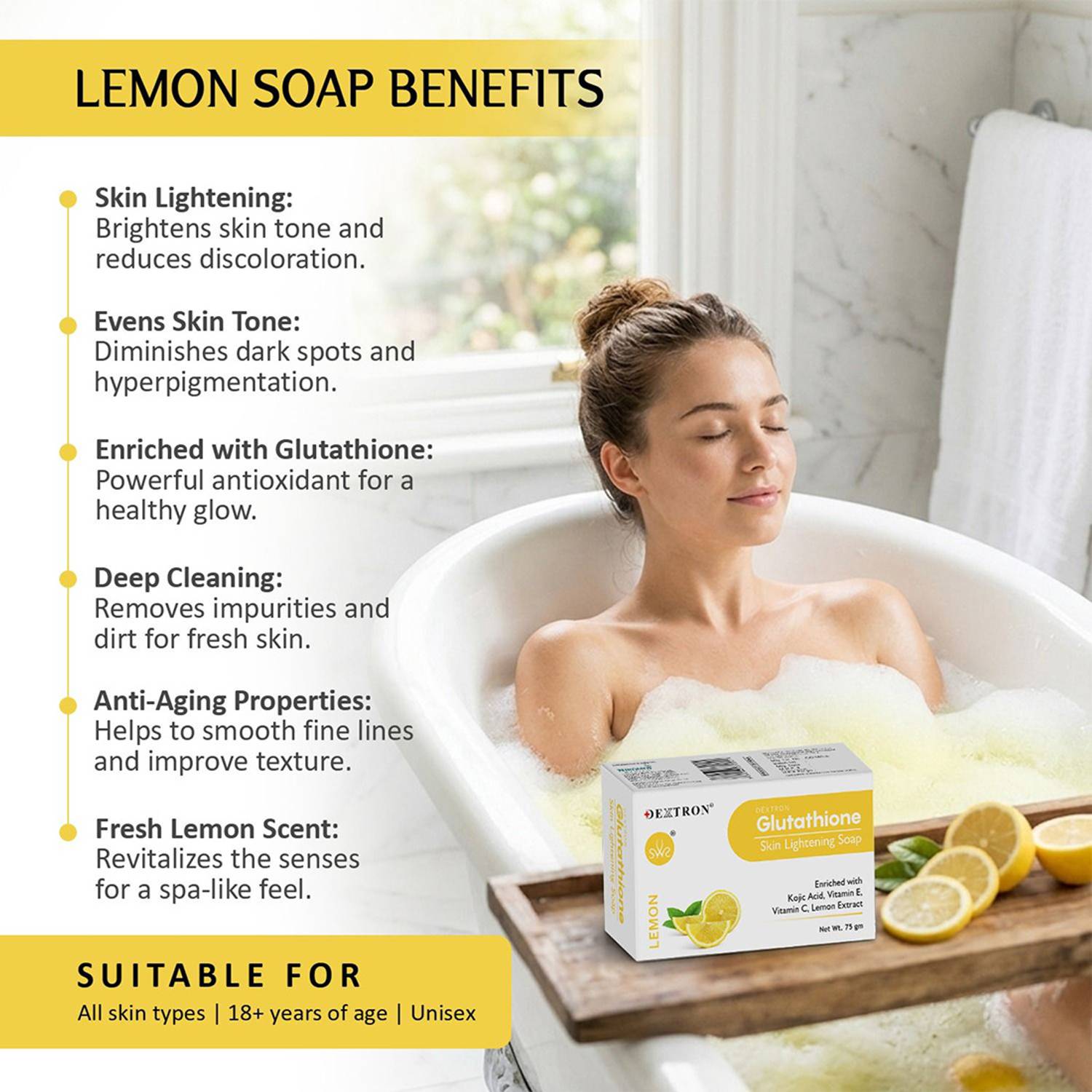dextron glutathione skin lightening soap with Kojic Acid, Vitamin C & Lemon Extract pack:Pack Of 2 Product Question] advice on كريم جلوتاثيون للوجه