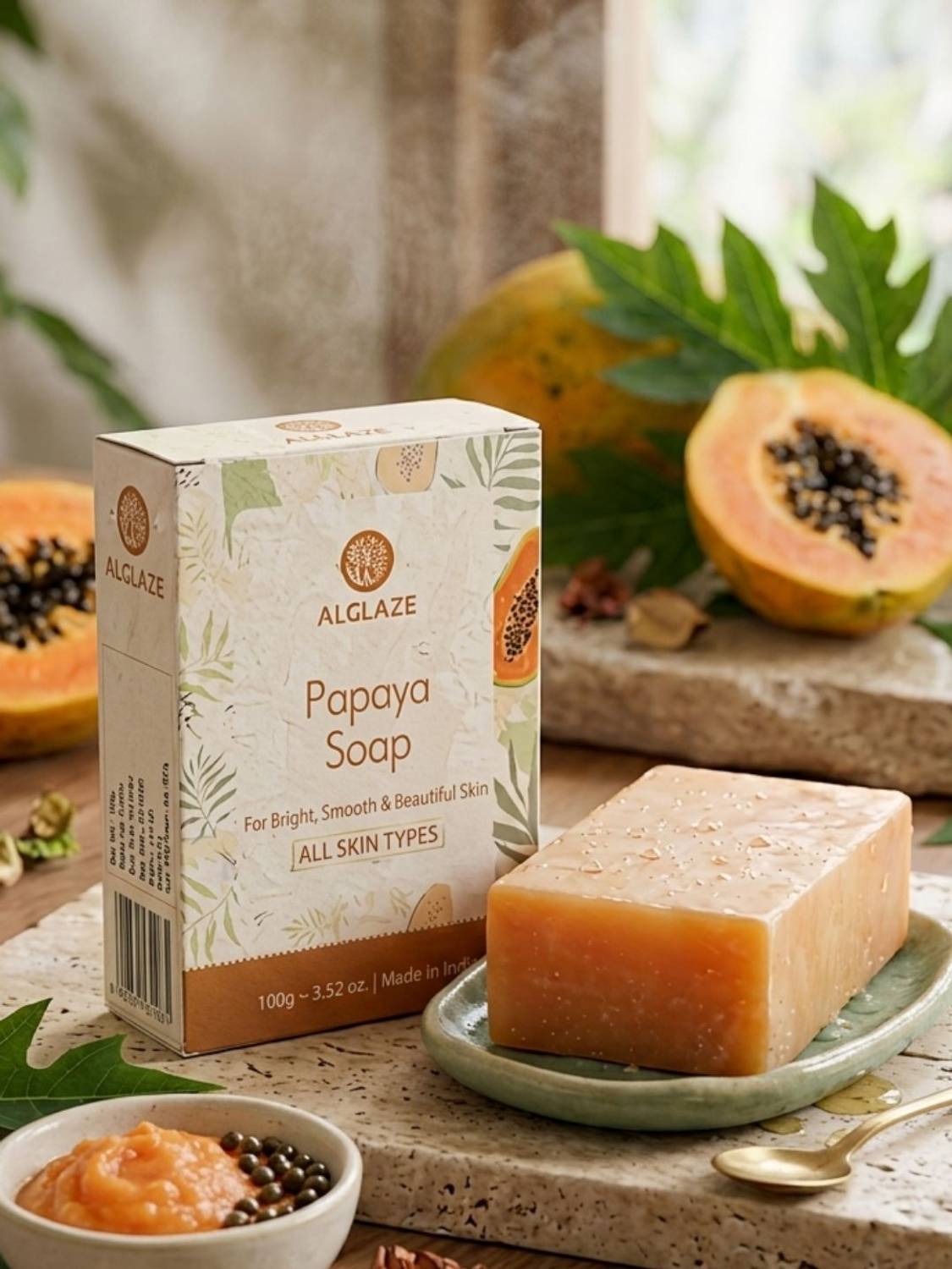Alglaze Papaya Soap With Shea Butter & Jojoba Oil Brightens, Smoothens-100 g