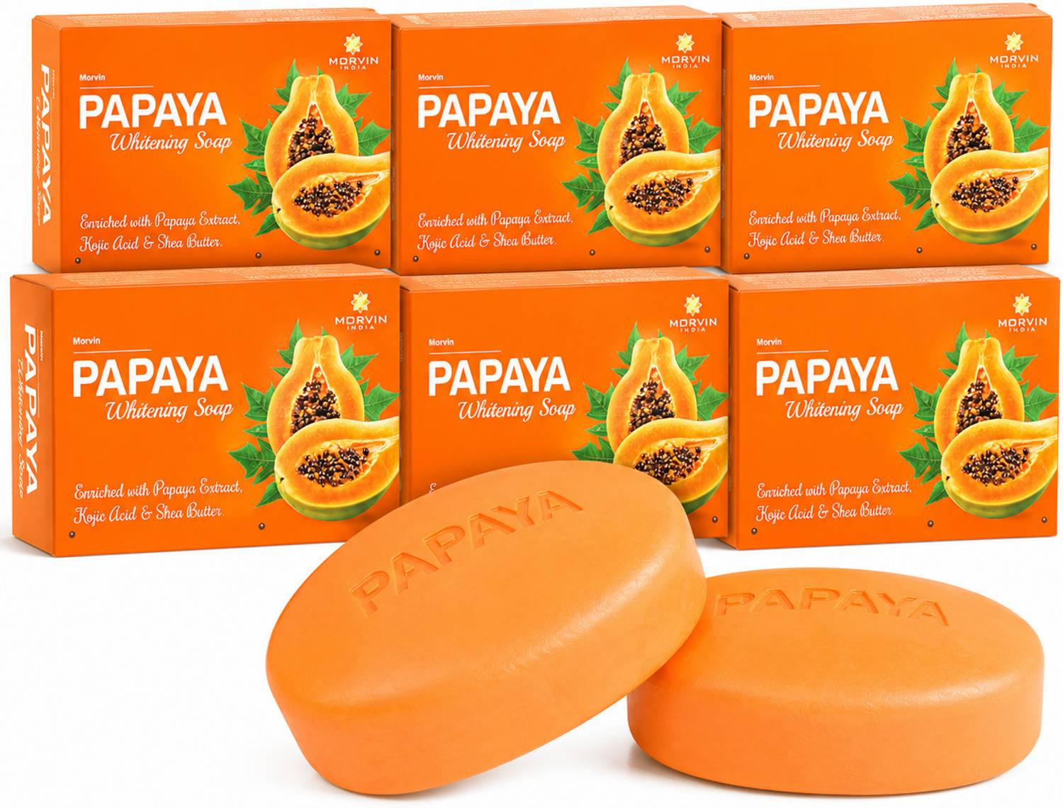 MORVIN INDIA Papaya Soap with Kojic Acid & Shea Butter | De-Tan & Skin Glow