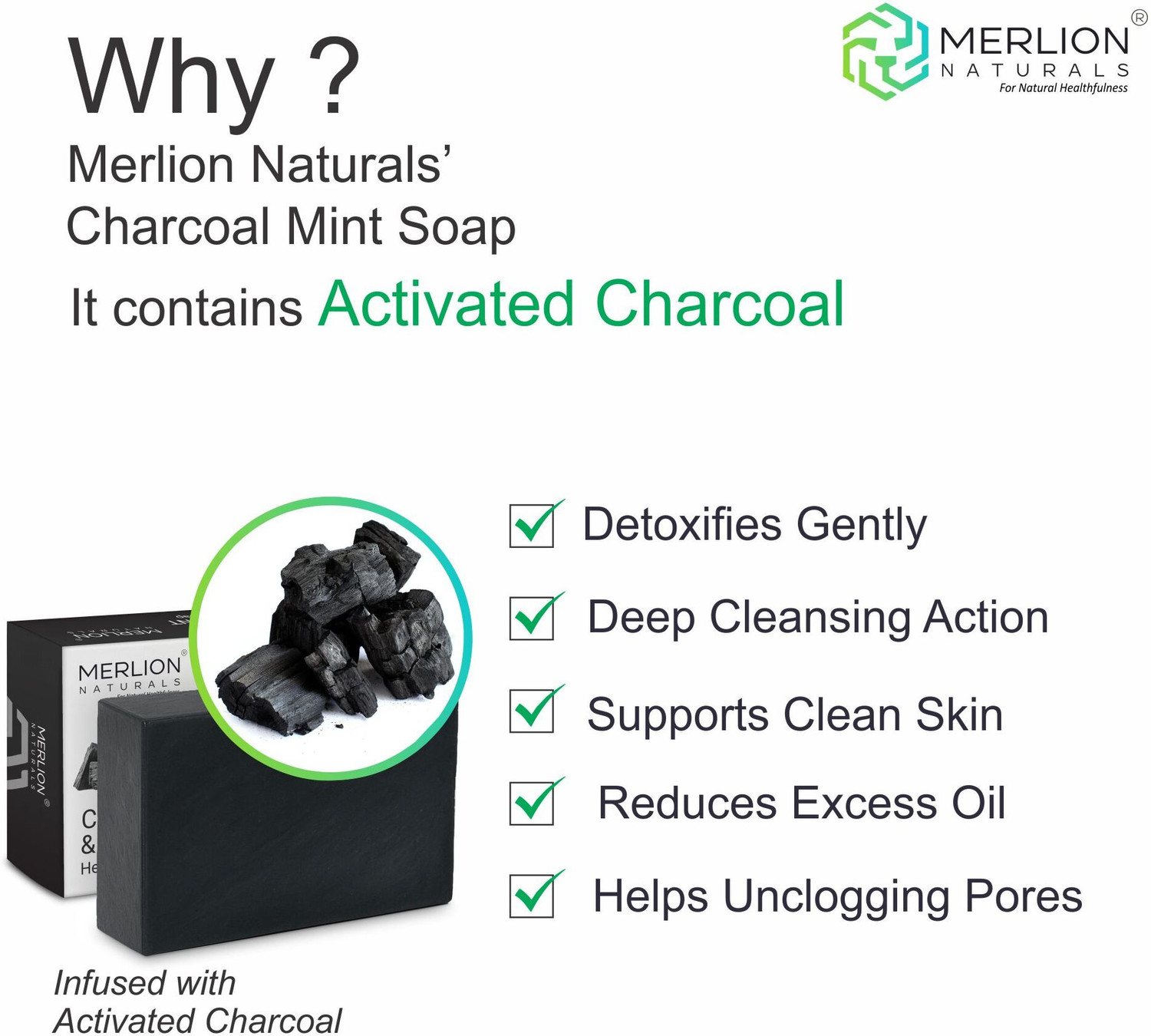 Image of Merlion Naturals Charcoal & Mint Glycerine Soap 100gm X 3 Pcs, Herb Infused Bathing Soap