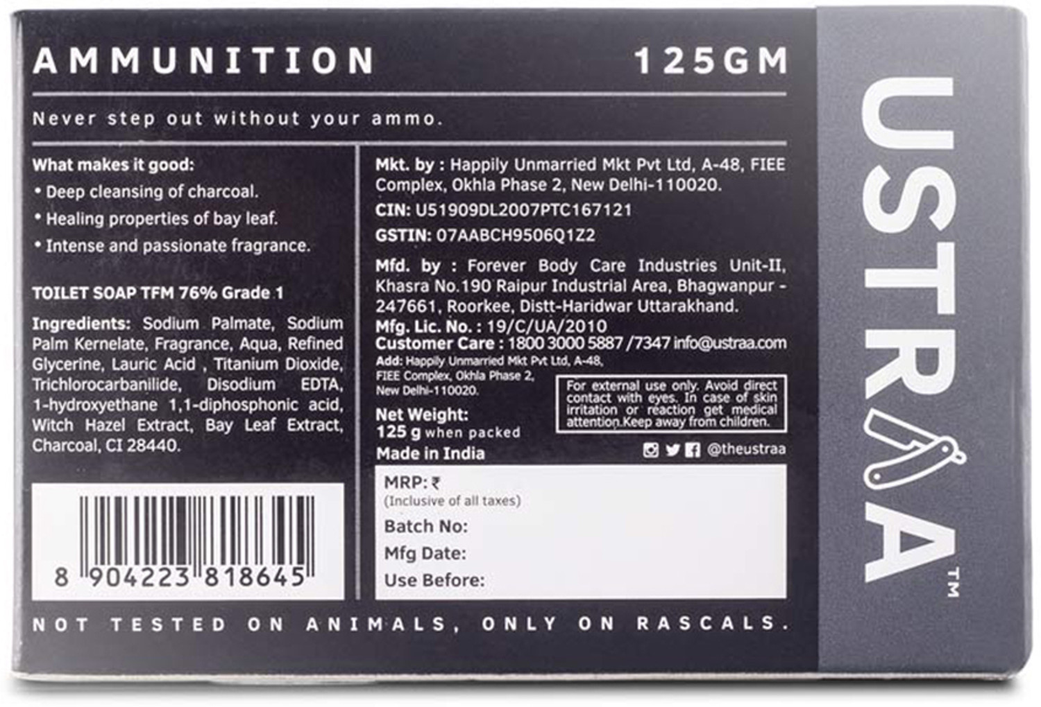 Image of USTRAA Ammunition Cologne Soap with Charcoal & Bay Leaf, Nourishing & Cleansing Soap