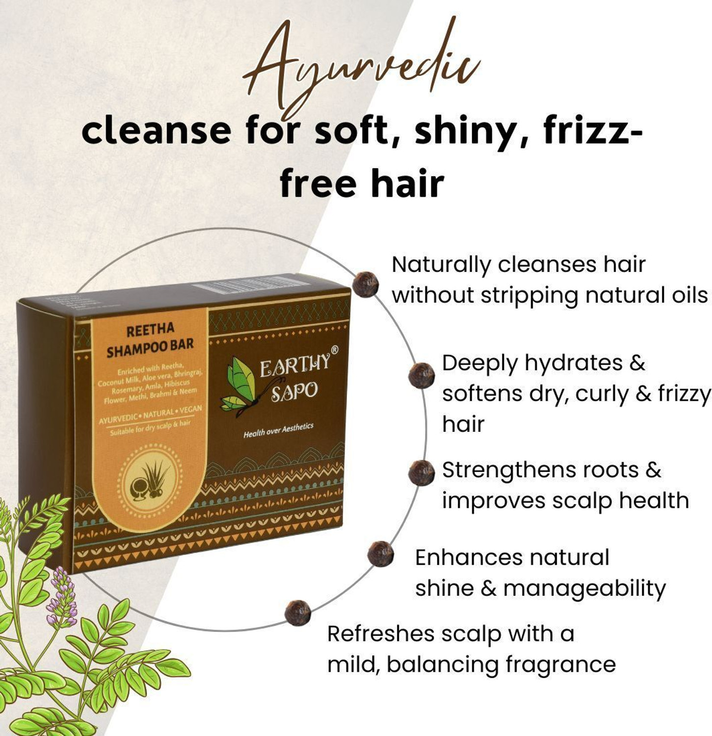 Image of Earthy Sapo Reetha Shampoo Bar, suitable for dry hair (reetha & coconut milk) - Set of 2 (2 x 100g)