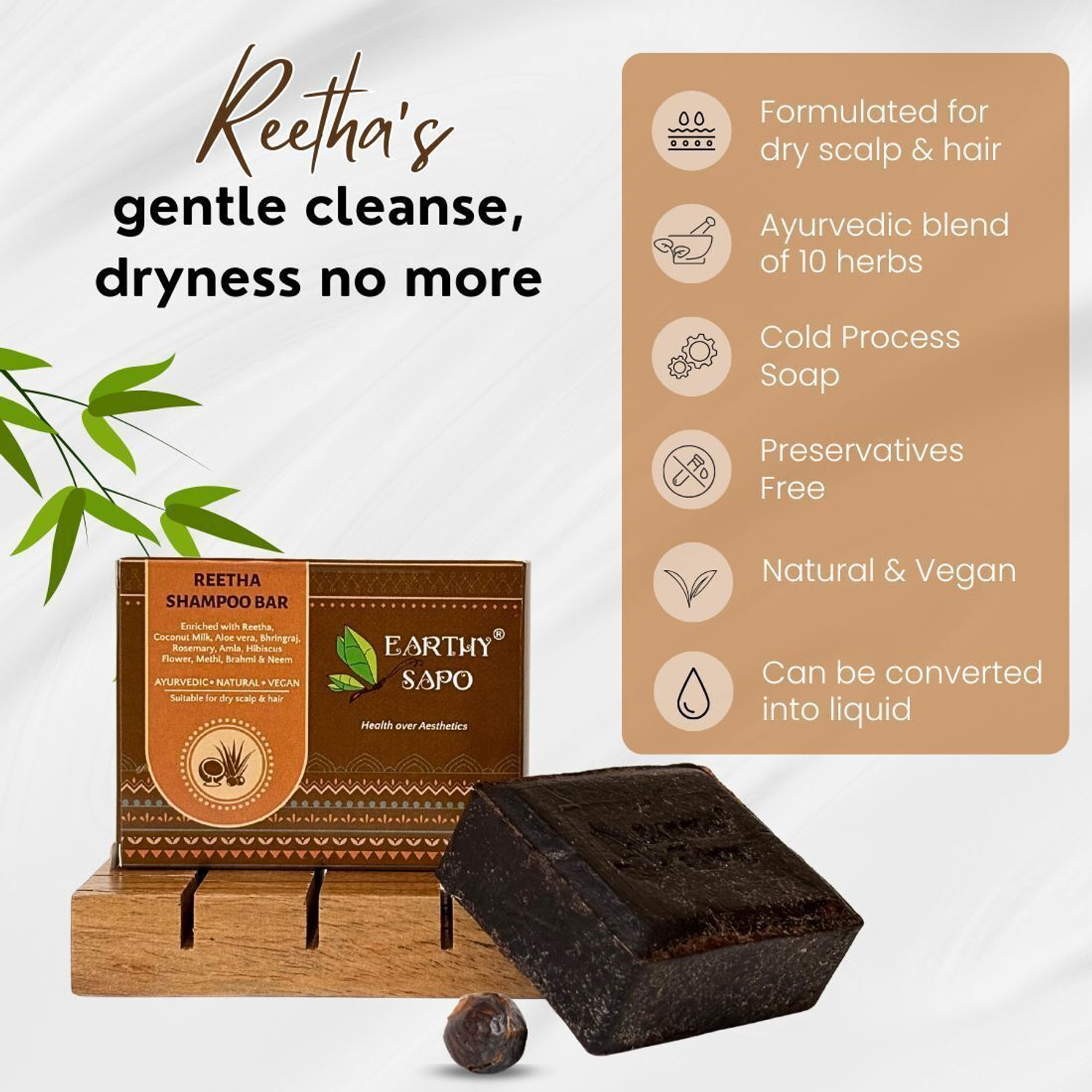 Image of Earthy Sapo Reetha Shampoo Bar, suitable for dry hair (reetha & coconut milk) - Set of 2 (2 x 100g)