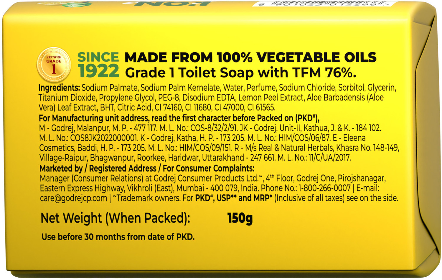 Image of Godrej No.1 Lime & Aloe Vera Bath Soap