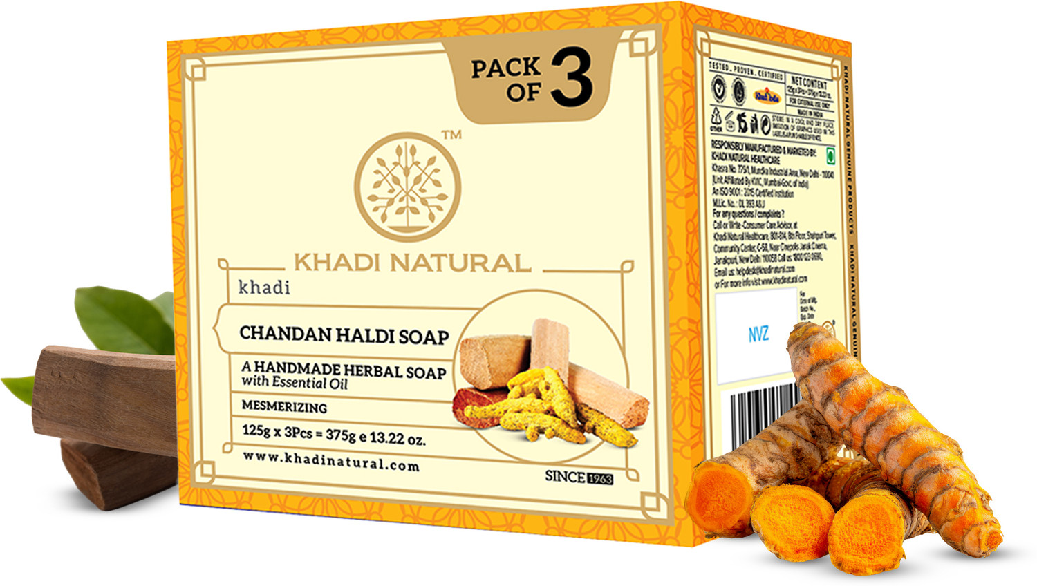 Image of KHADI NATURAL Chandan Haldi Soap for Soft Smooth Skin Pack of 3