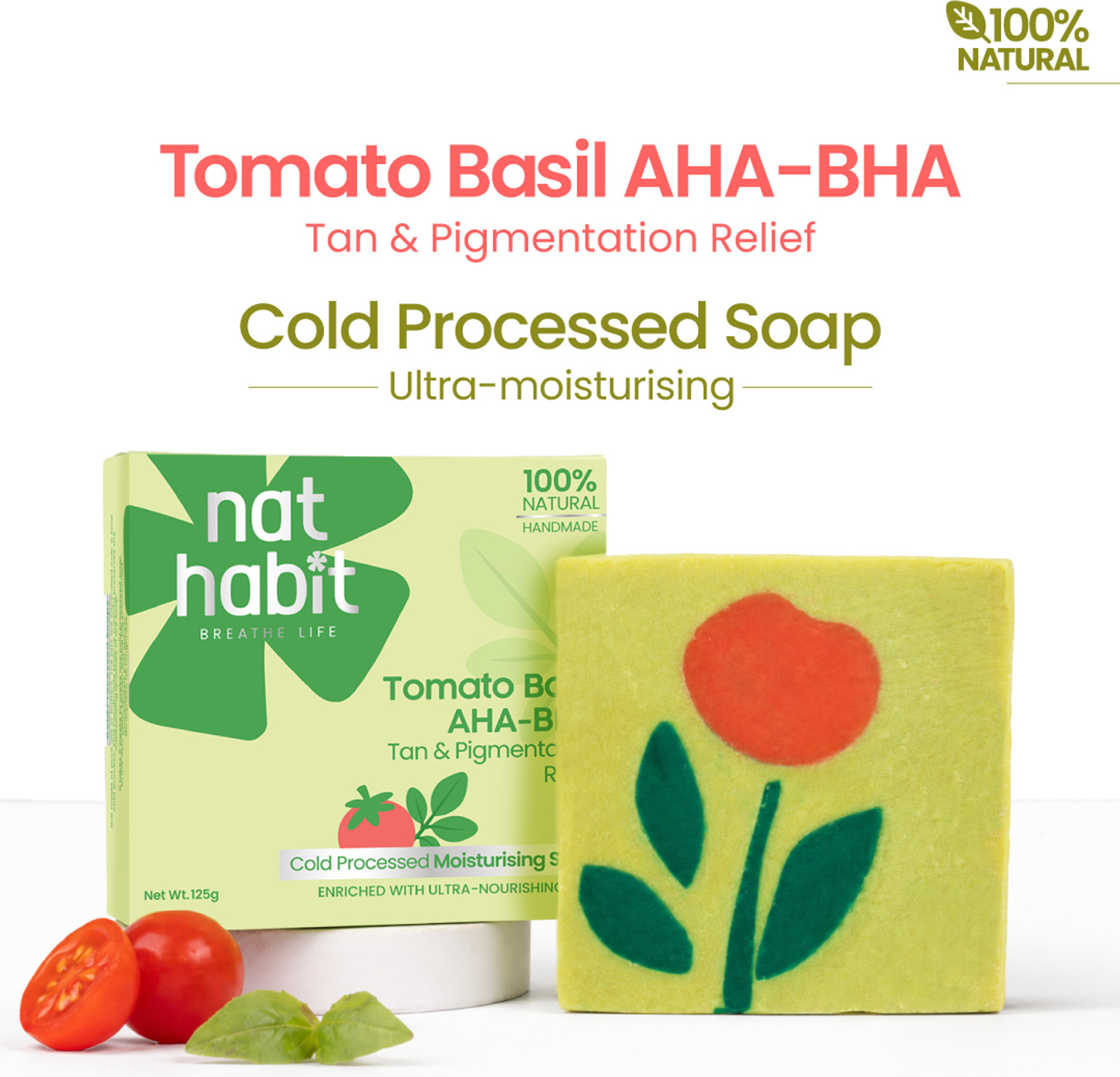 Image of Nat Habit Tomato Basil Tan Removal Soap for Glowing Skin Cold Pressed Bath Soap