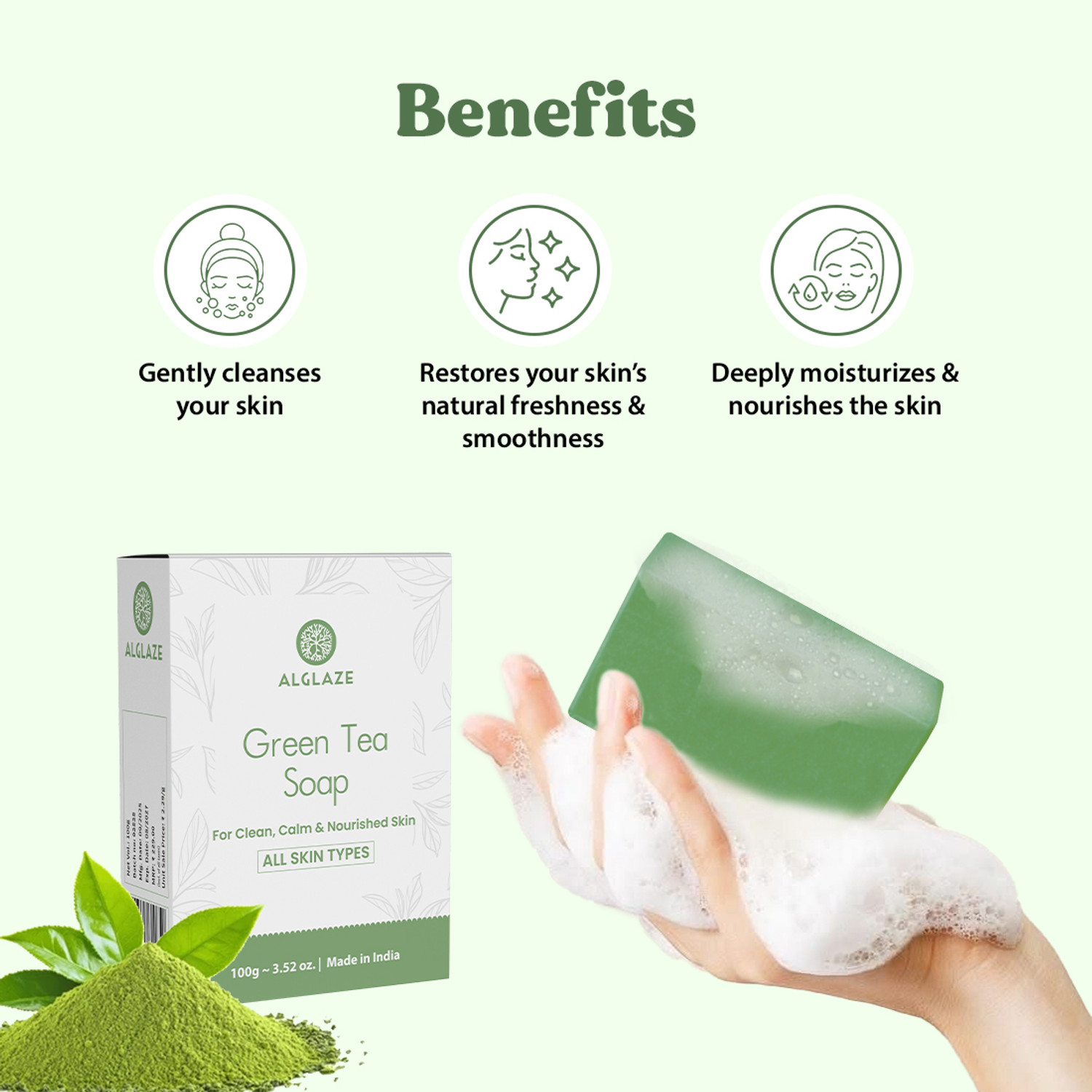 Image of Alglaze Green Tea Soap With Shea Butter & Jojoba Oil | Cleanses, Calms & Nourishes