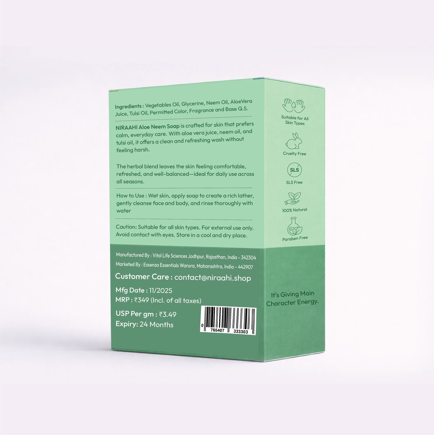 Image of Niraahi Aloe Neem Bathing Soap 100g | Deep Cleansing Herbal Bath Bar for Men & Women