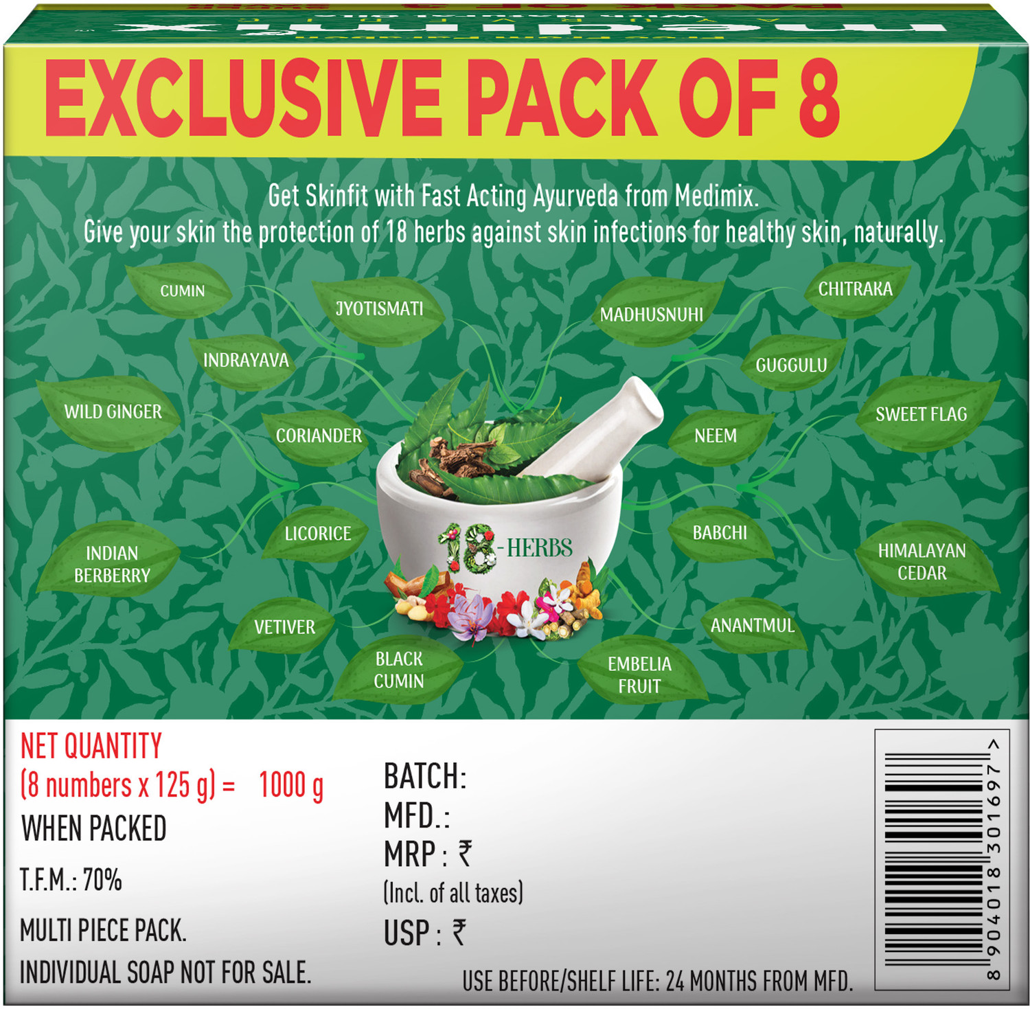 Image of Medimix Ayuvedic Classic 18 Herbs Soap, 125 g (Pack of 8)