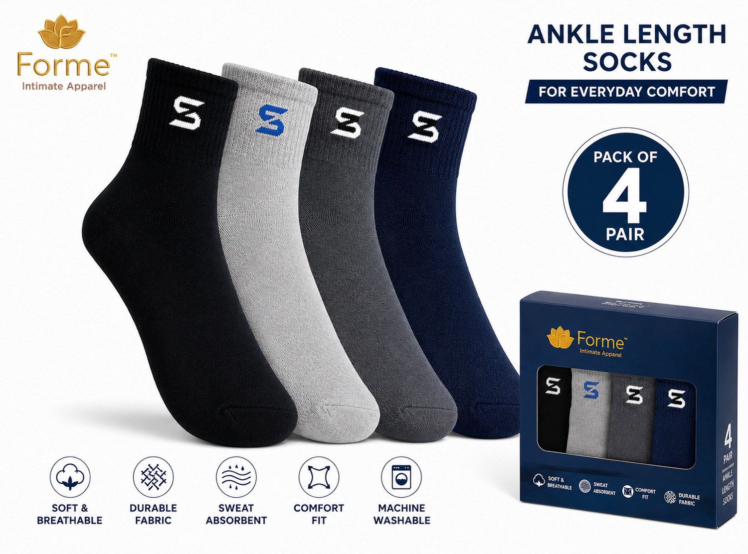 Image of Forme Intimate Apparel Unisex Solid Ankle Length (Pack of 4)