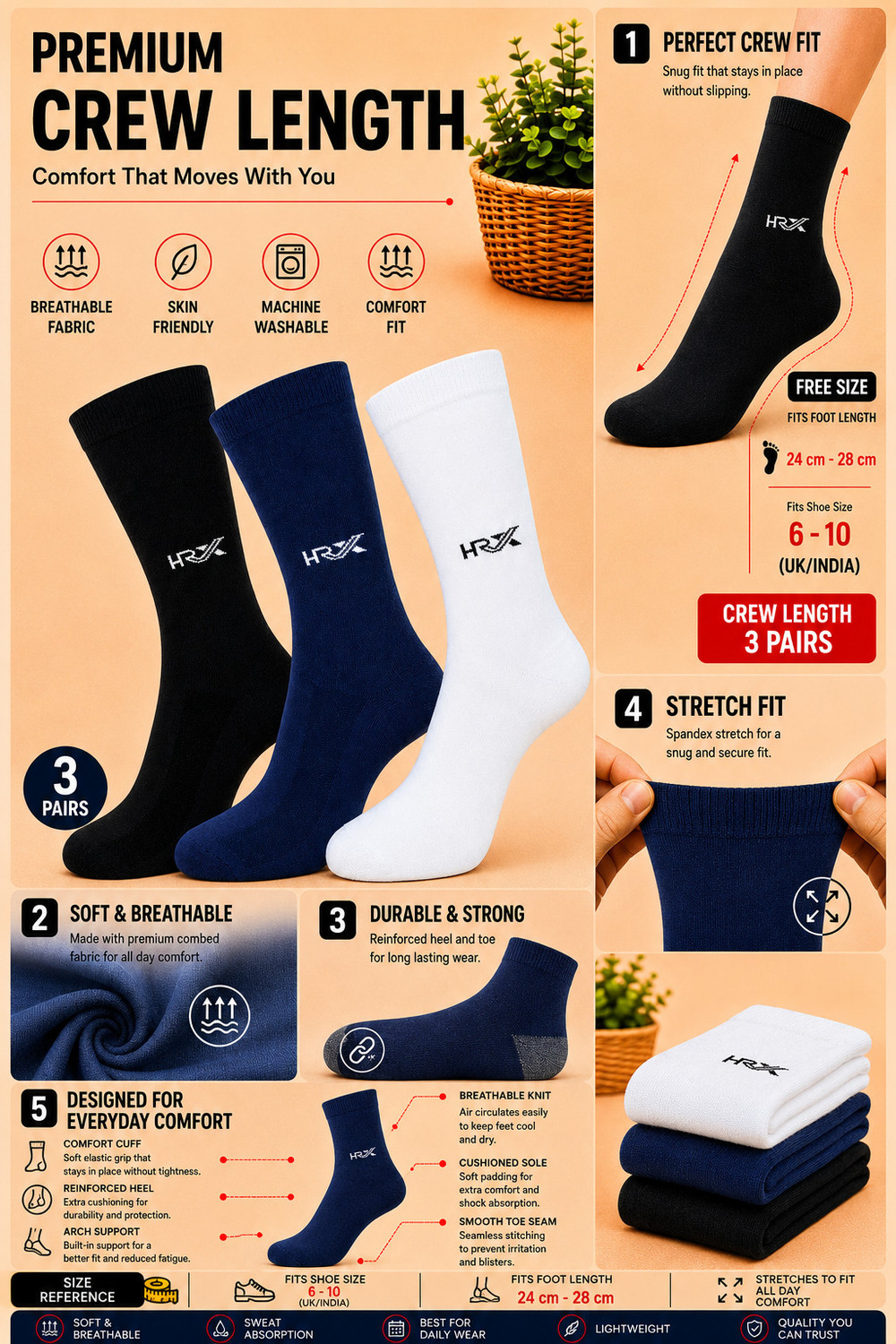 Image of HRX Men Mid-Calf /Crew (Pack of 3)