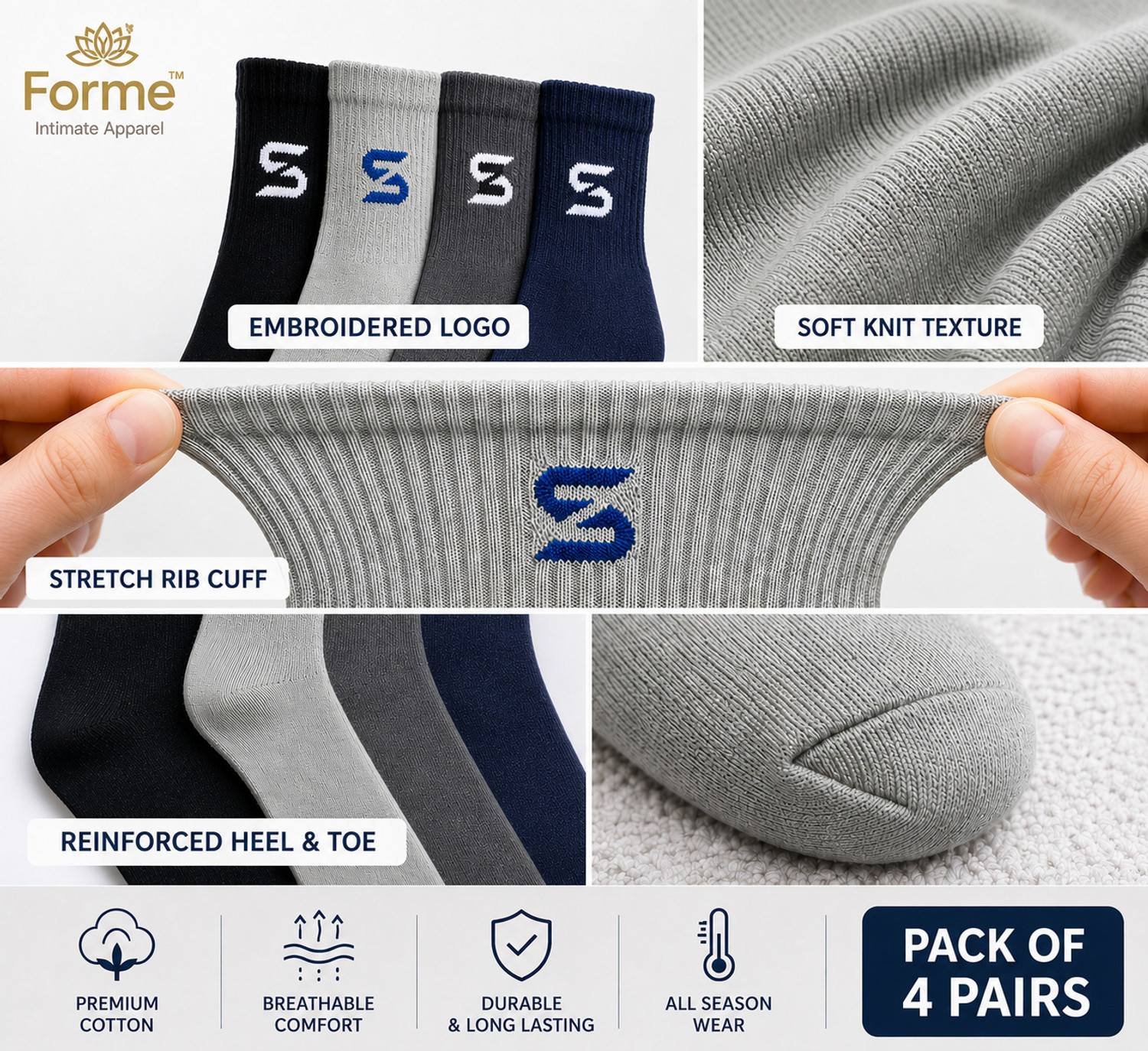 Image of Forme Intimate Apparel Unisex Solid Ankle Length (Pack of 4)