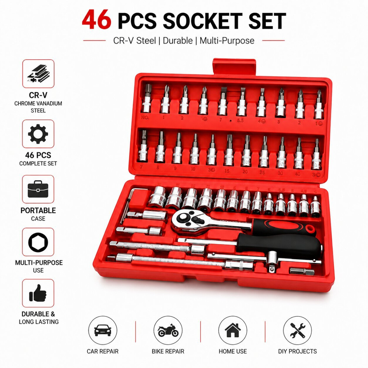 Image of Dealora 46 PCS Socket Wrench Tool Set 1 /4 Inch CR-V Ratchet Socket Kit Socket Set