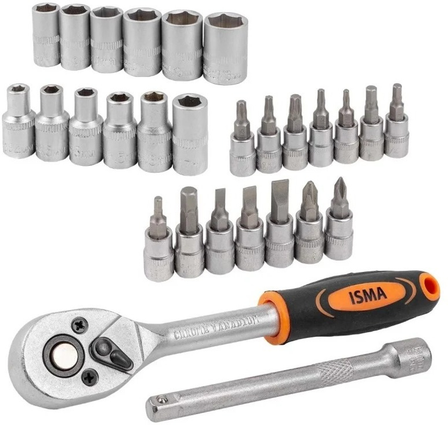 Image of Isma Socket & Bit Set with Ratchet 1 /4 inch Drive (4-13mm) | Torx, Hex, SL & PH Bits Kit Socket Set