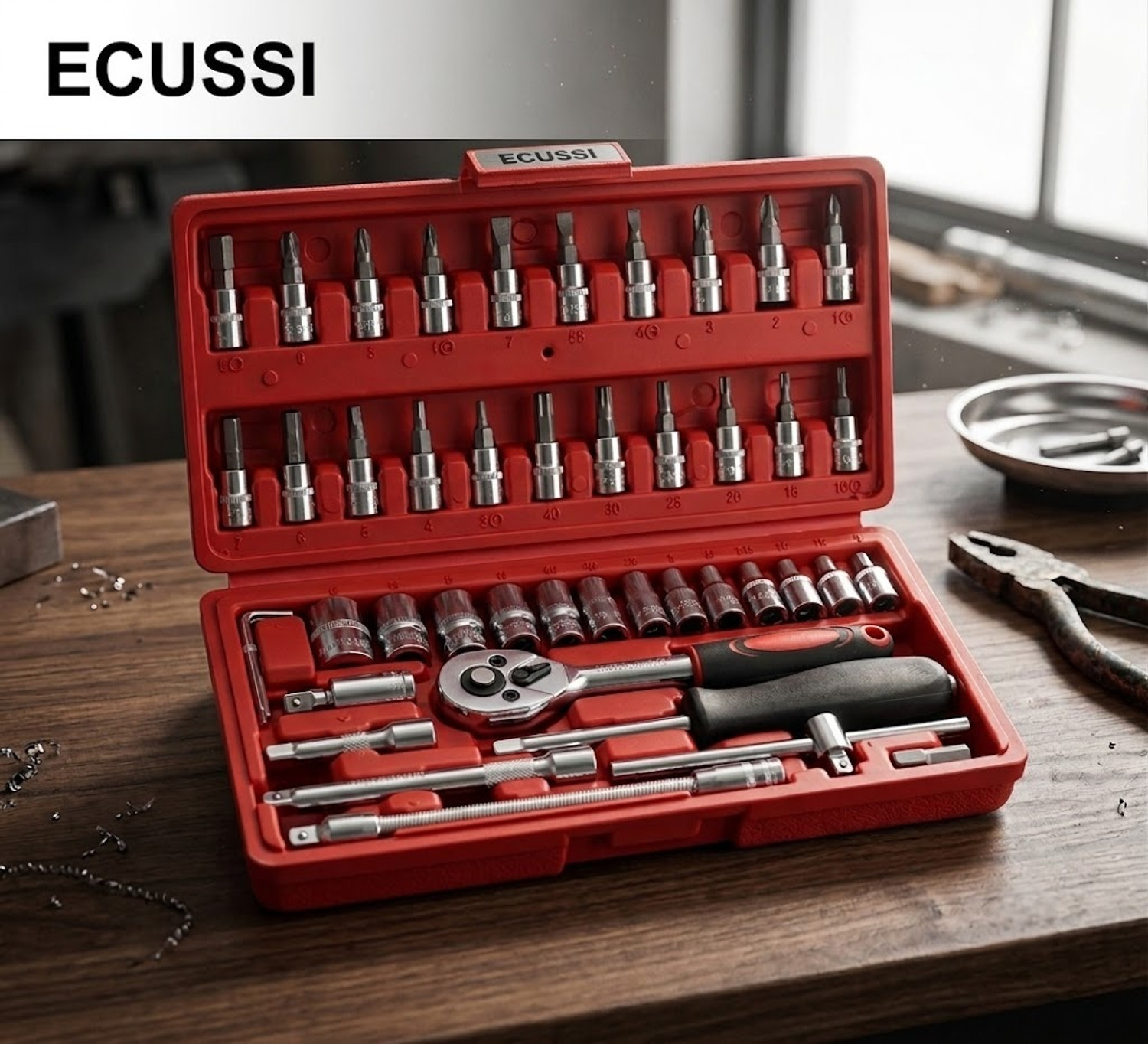 Image of ECUSSI 46 Pcs 1 /4 Inch Drive Socket Wrench Ratchet Tool Kit with Storage Case Socket Set