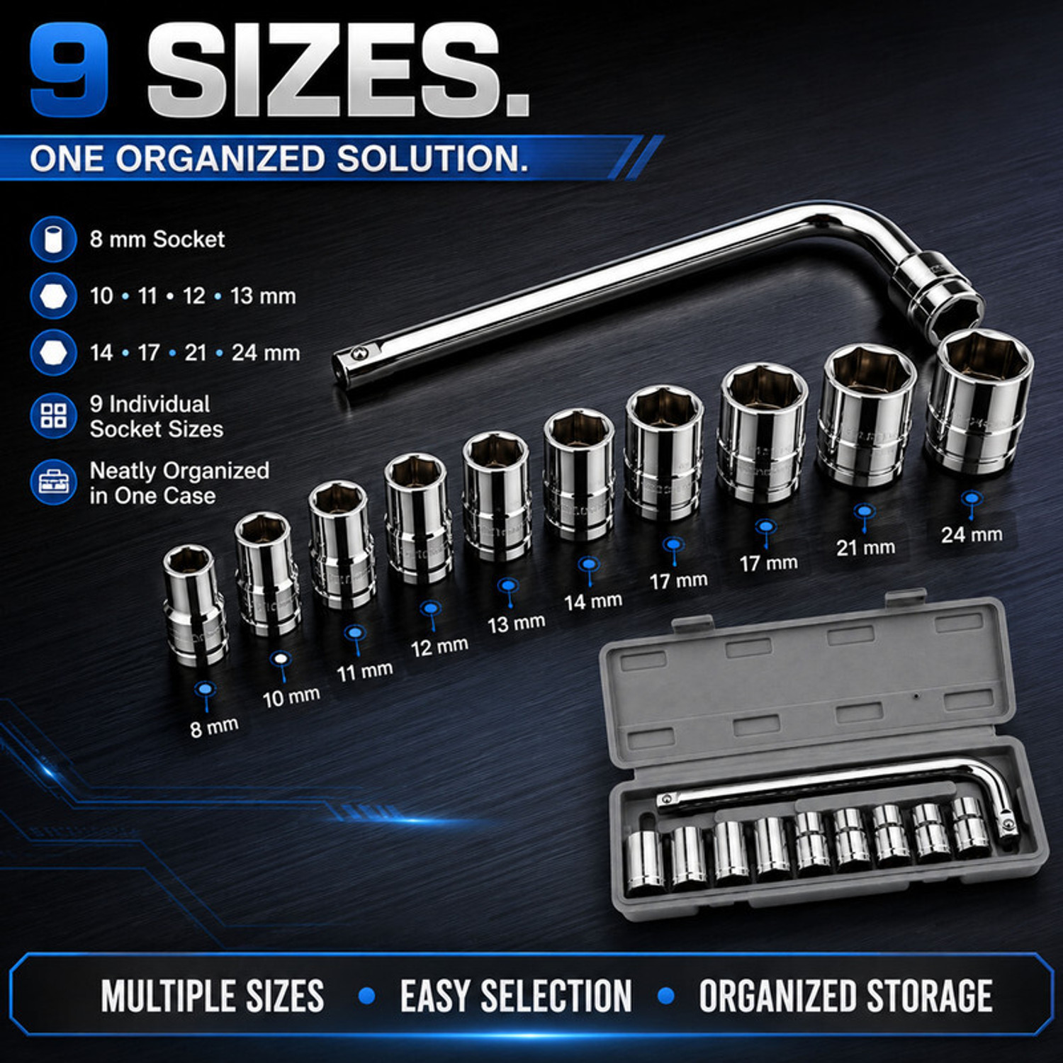 Image of ZYRIAN Multipurpose 9 Socket Wrench Set with L Handle for Garage and Maintenance Tasks Socket Set (Pack of 1)