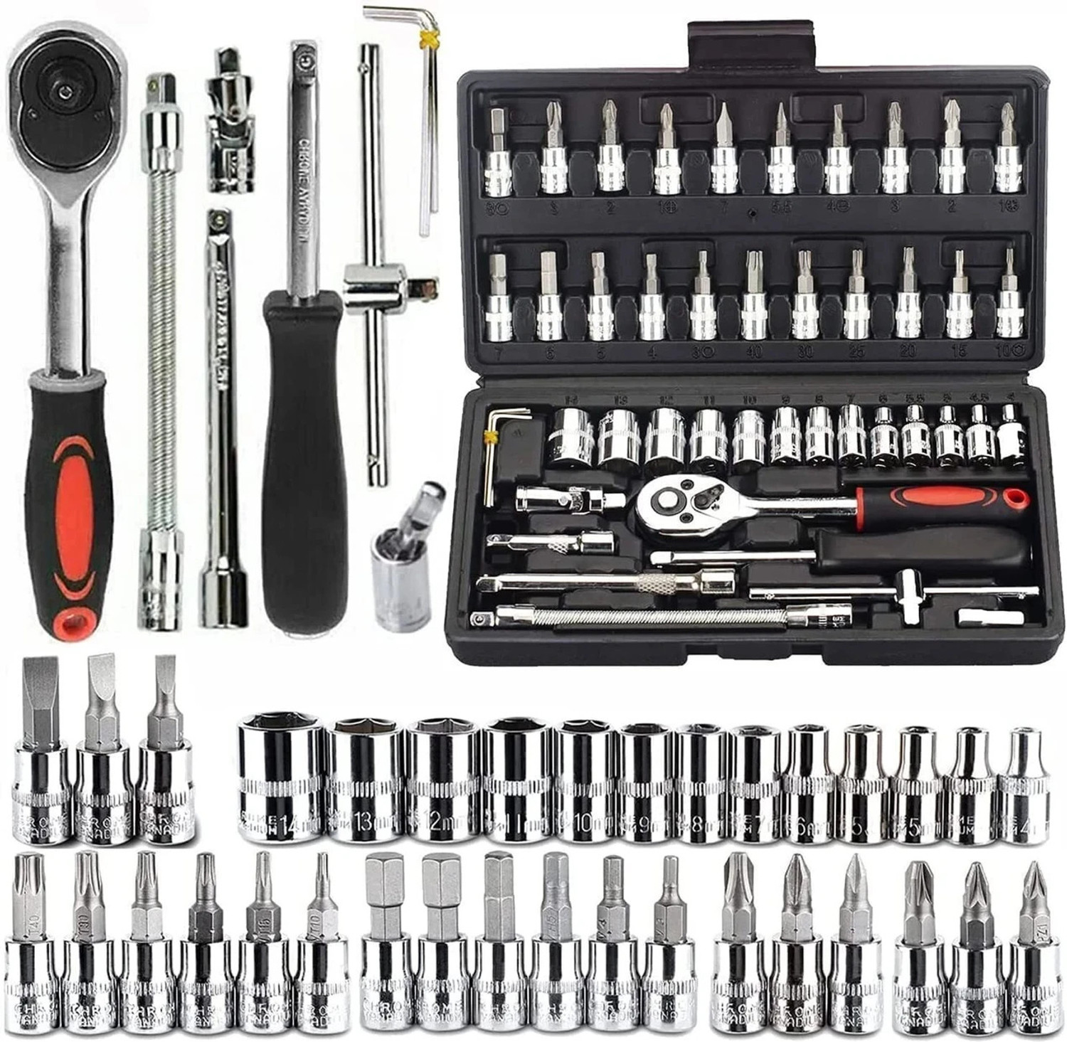 Image of ECUSSI 46 Pcs 1 /4 Inch Drive Socket Wrench Ratchet Tool Kit with Storage Case Socket Set