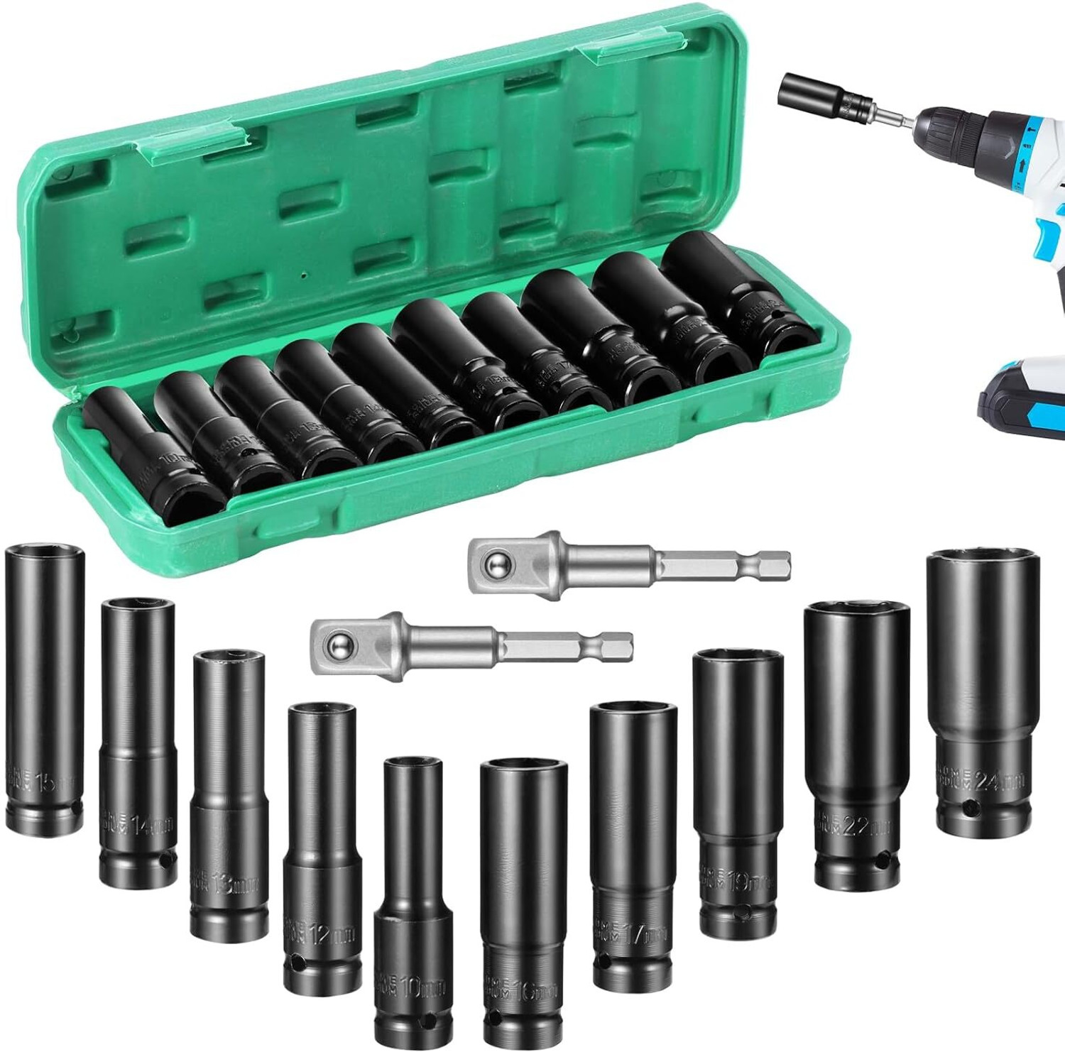 Image of Eliezer 11 Pieces 1 /2-Inch Square Drive 78mm Deep Impact Socket Hex Set Socket Set