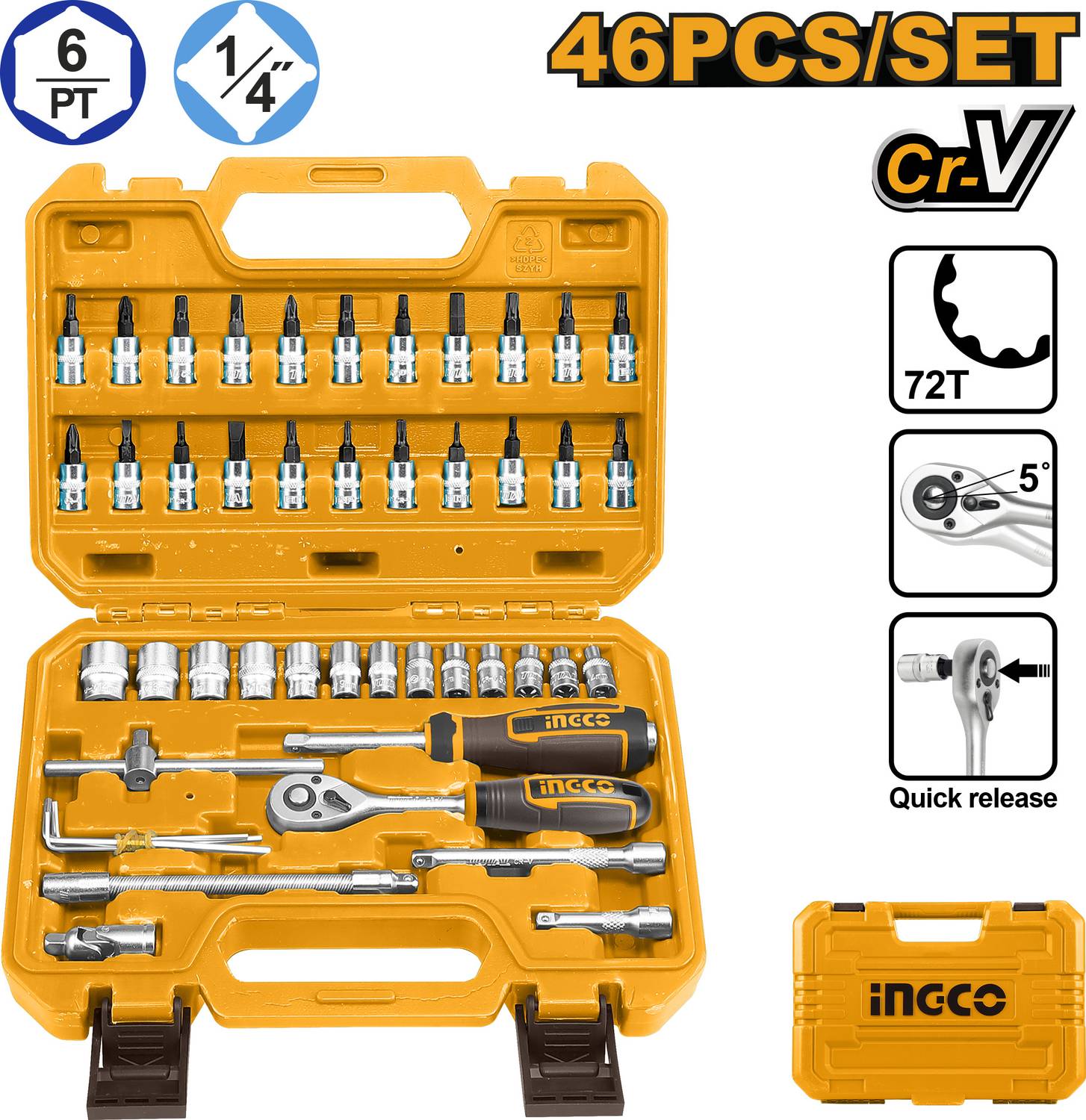 INGCO 46 Pcs 1/4" Socket Set Pack of 1