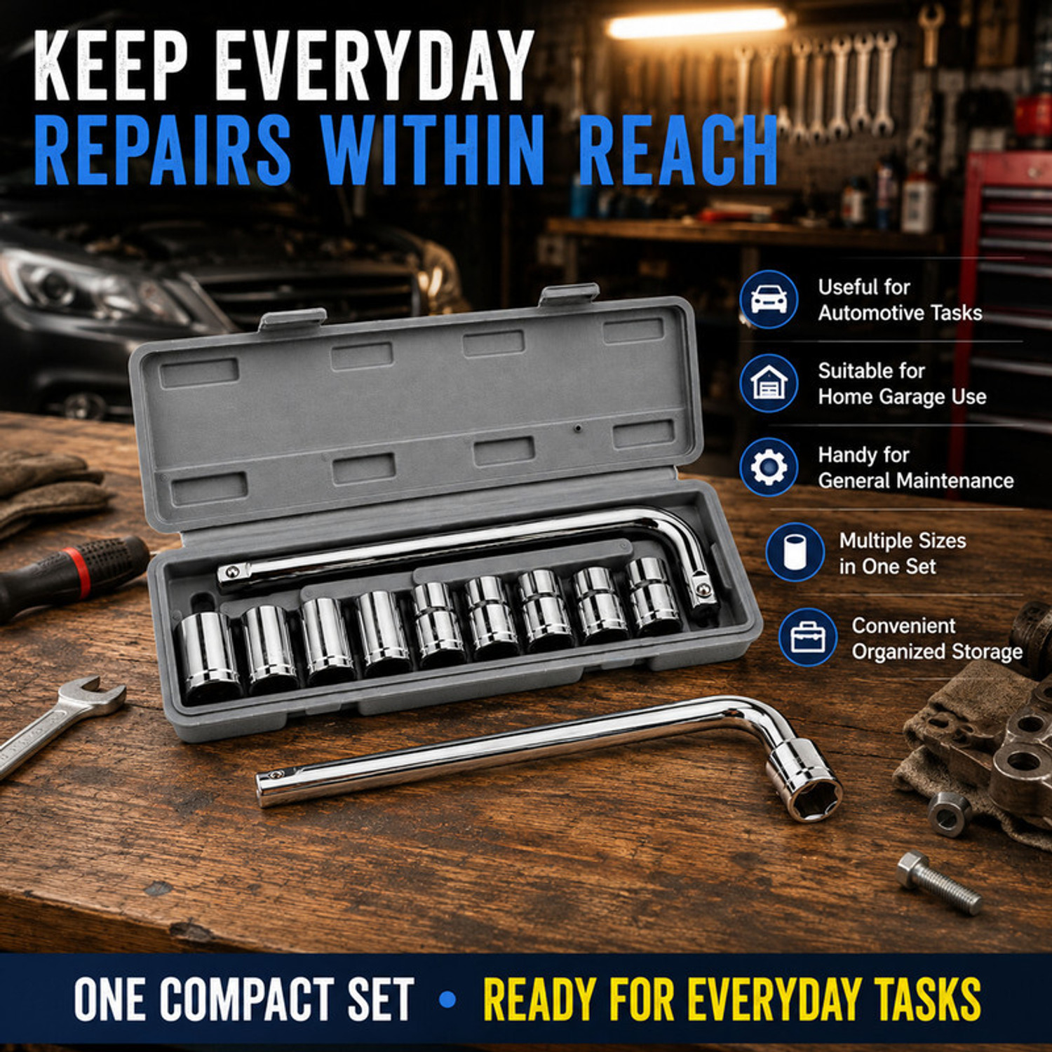 Image of ZYRIAN Multipurpose 9 Socket Wrench Set with L Handle for Garage and Maintenance Tasks Socket Set (Pack of 1)