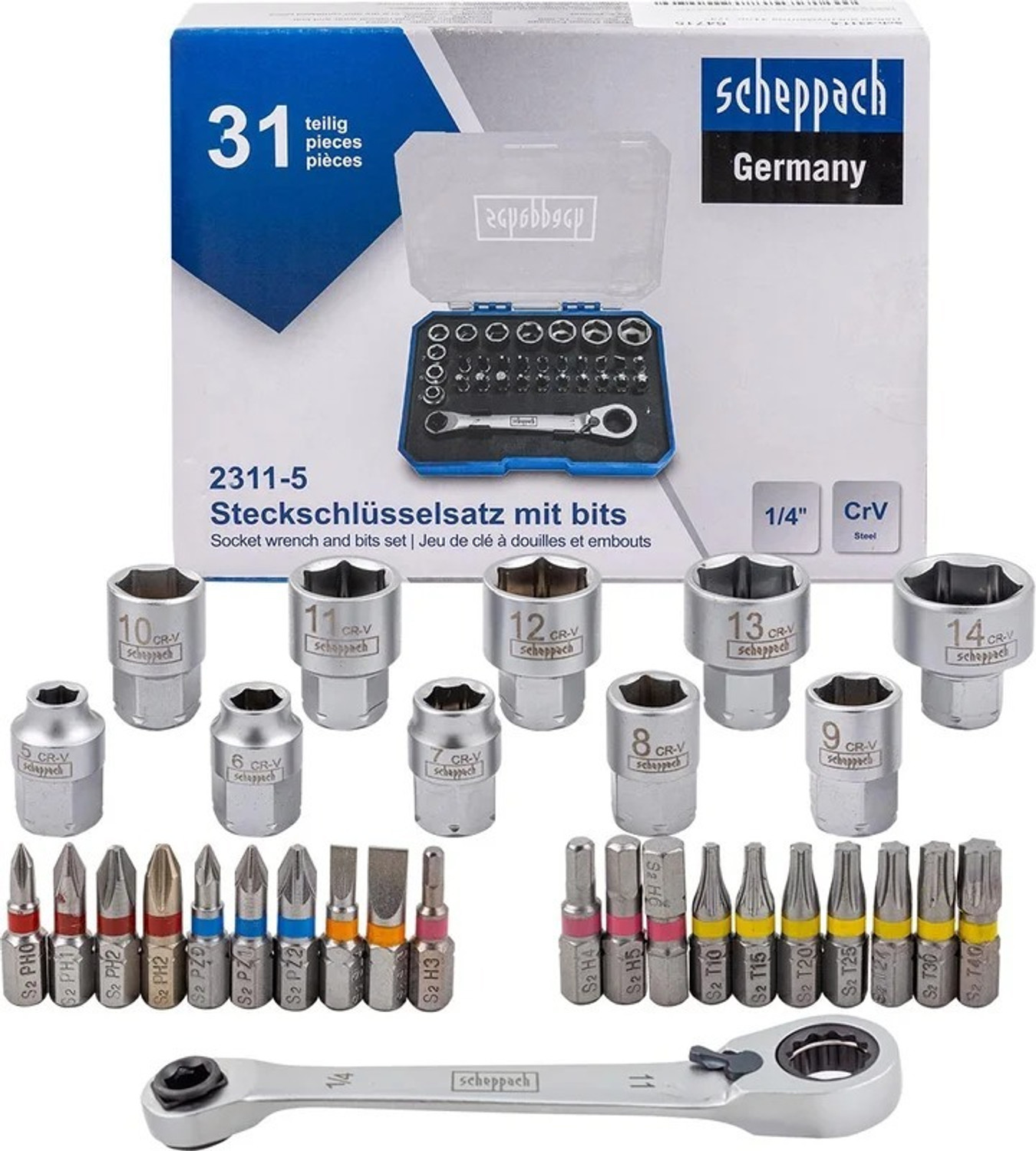 Image of scheppach Socket & Bit Tool Set 1 /4 inch Drive with Ratchet Wrench | Screwdriver Bit Kit Socket Set