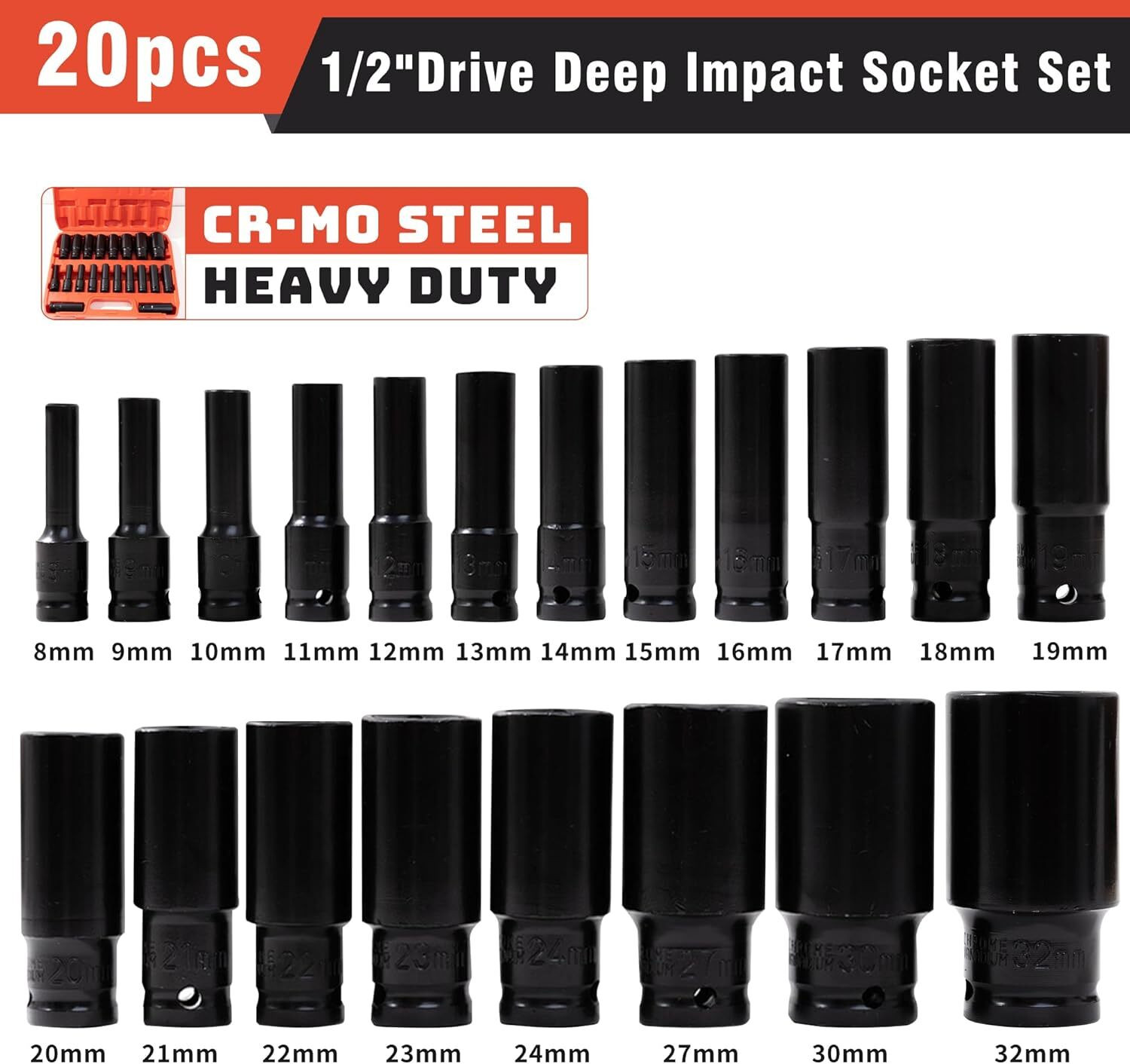 Image of OKASTA 20 Pieces 1 /2-Inch Drive Deep Impact Socket Set