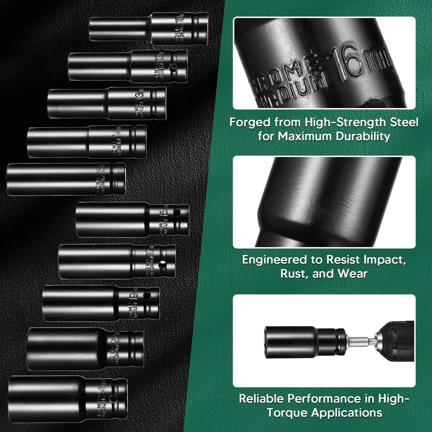 Image of Eliezer 11 Pieces 1 /2-Inch Square Drive 78mm Deep Impact Socket Hex Set Socket Set