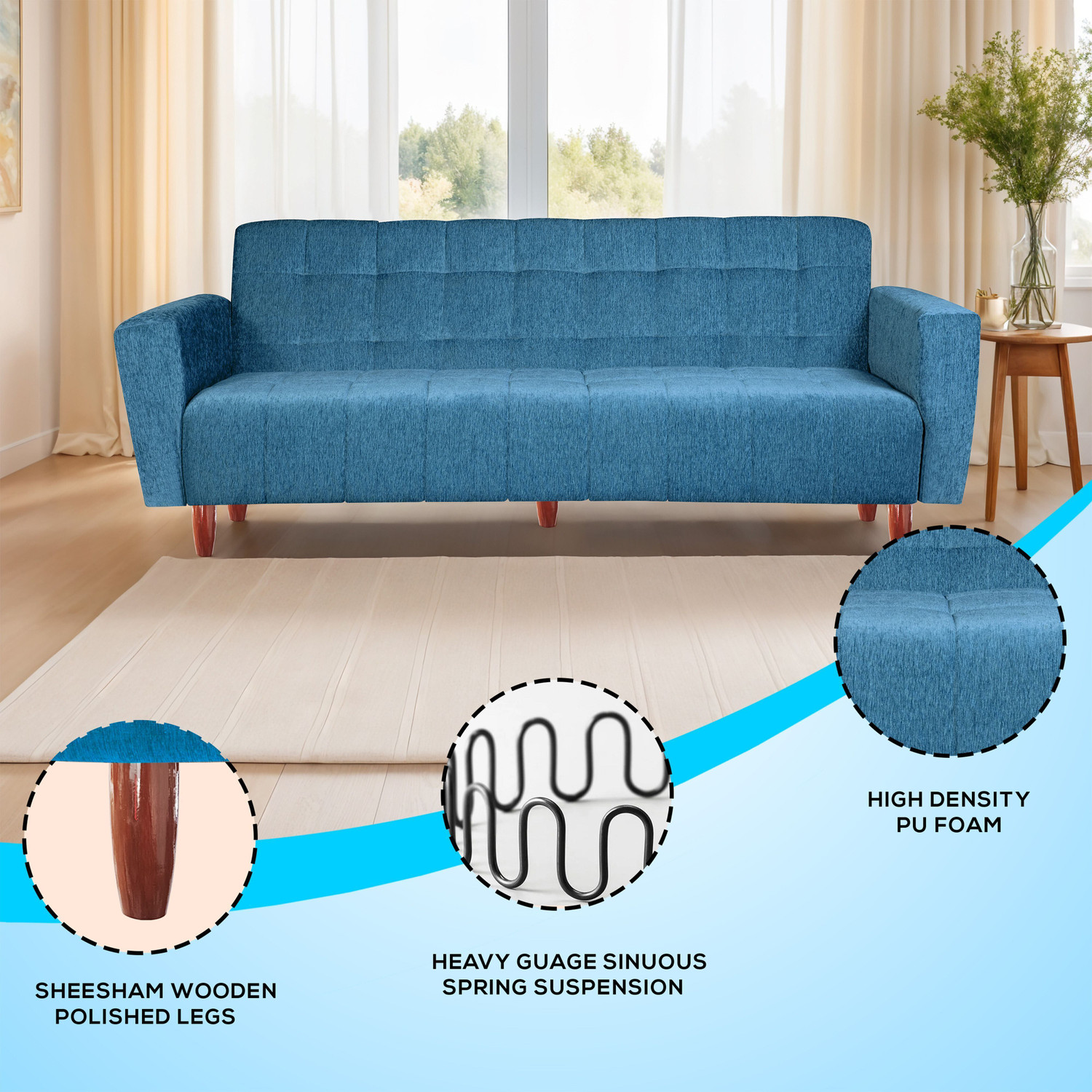 Image of Seventh Heaven Lisbon 4 Seater Wooden Sofa cum Bed, Chenille Molfino Fabric 78x44x16 4 Seater Single Solid Wood Pull Out Sofa Cum Bed