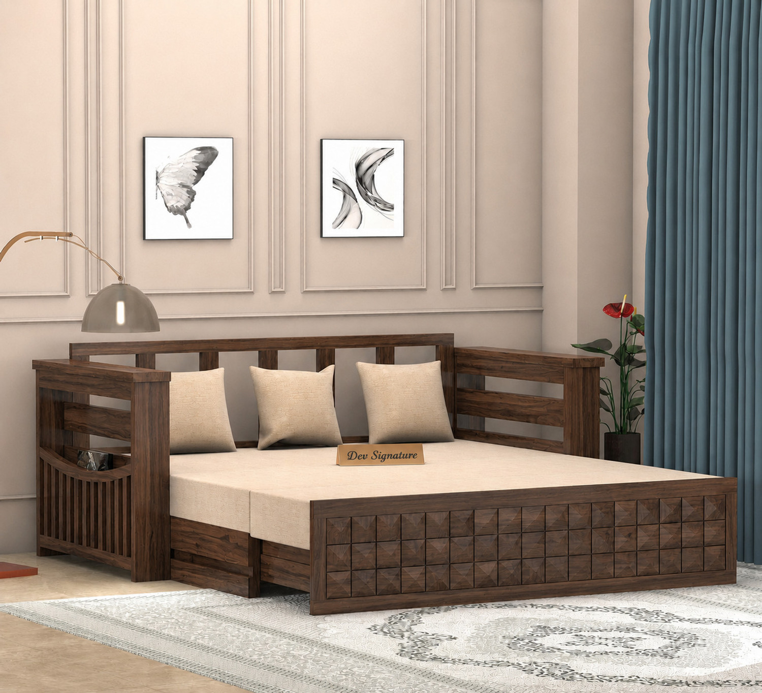 Image of Devsignature Sheesham Wood 3 Seater Sofa Cum Bed with Headboard /wooden Mini Storage Sofa Bed 3 Seater Double Solid Wood Pull Out Sofa Cum Bed