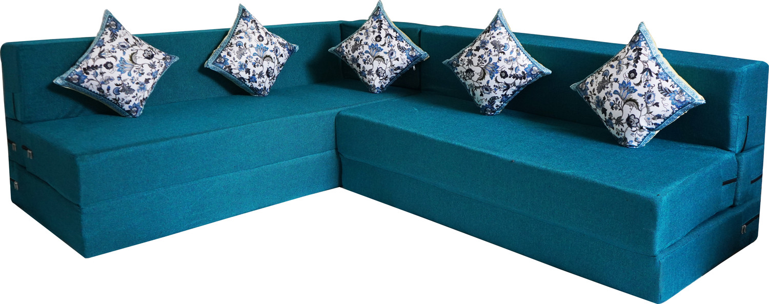 Image of Little Smile L-Shaped 90x72x16 inch- Jute Fabric 5 -sblu 5 Seater Double Foam Fold Out Sofa Cum Bed