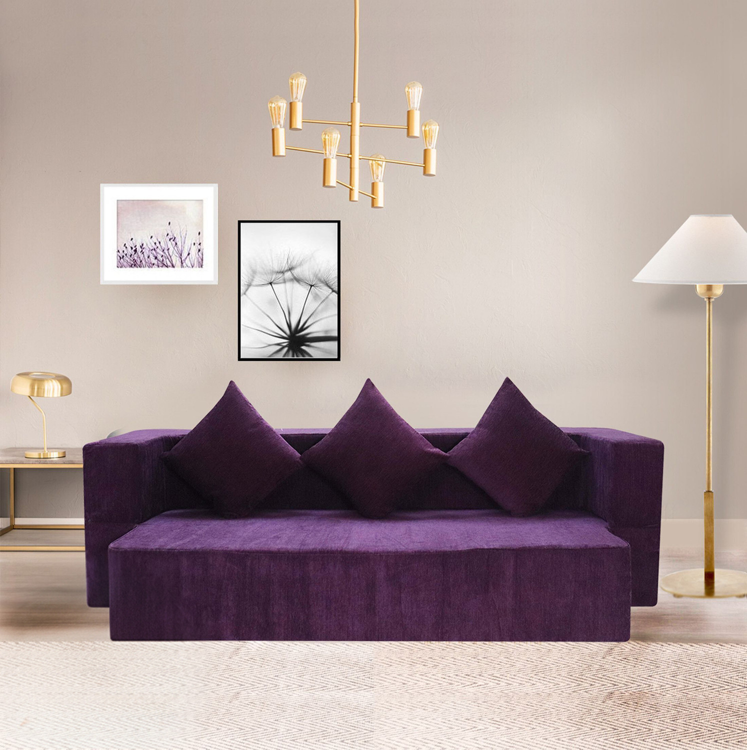 Image of Seventh Heaven 3 Seater 72x44x10 Low Floor, Chenille Molfino Fabric 3 Cushions 3 Seater Double Foam Fold Out Sofa Cum Bed