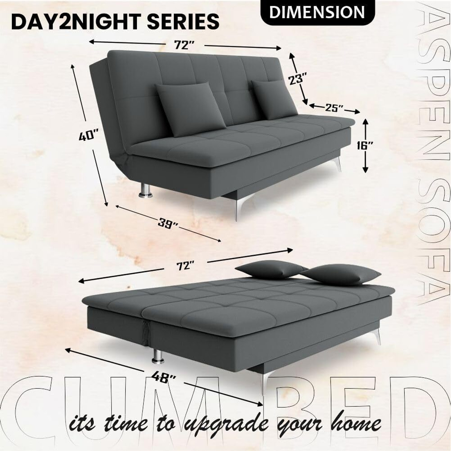 Image of ADORN INDIA 3 Seater single Tone Plain Sofa Cum Bed (Dark Grey) 3 Seater Double Solid Wood Pull Out Sofa Cum Bed (Finish Color - Dark Grey Delivery Condition - DIY(Do-It-Yourself))