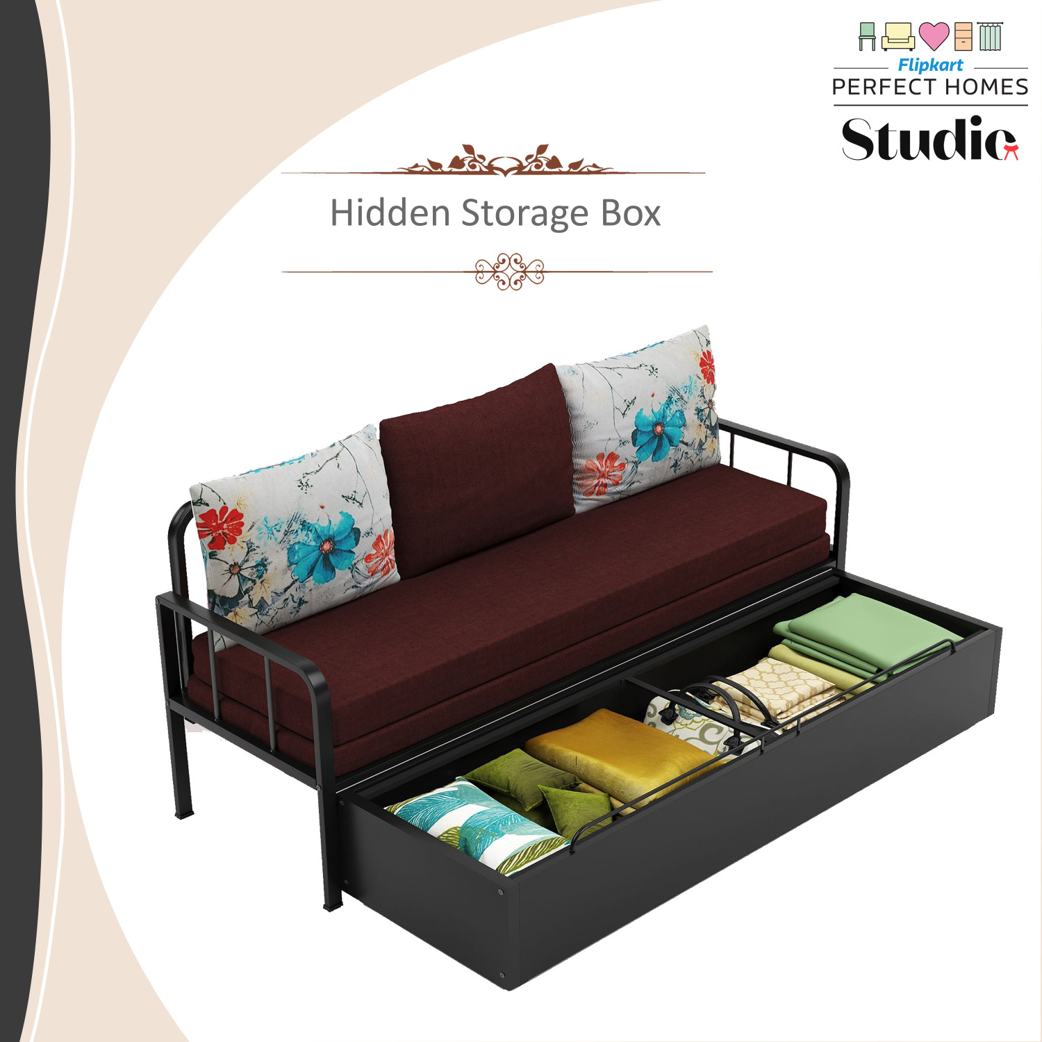 Image of Flipkart Perfect Homes Studio With Storage 3 Seater Double Metal Pull Out Sofa Cum Bed