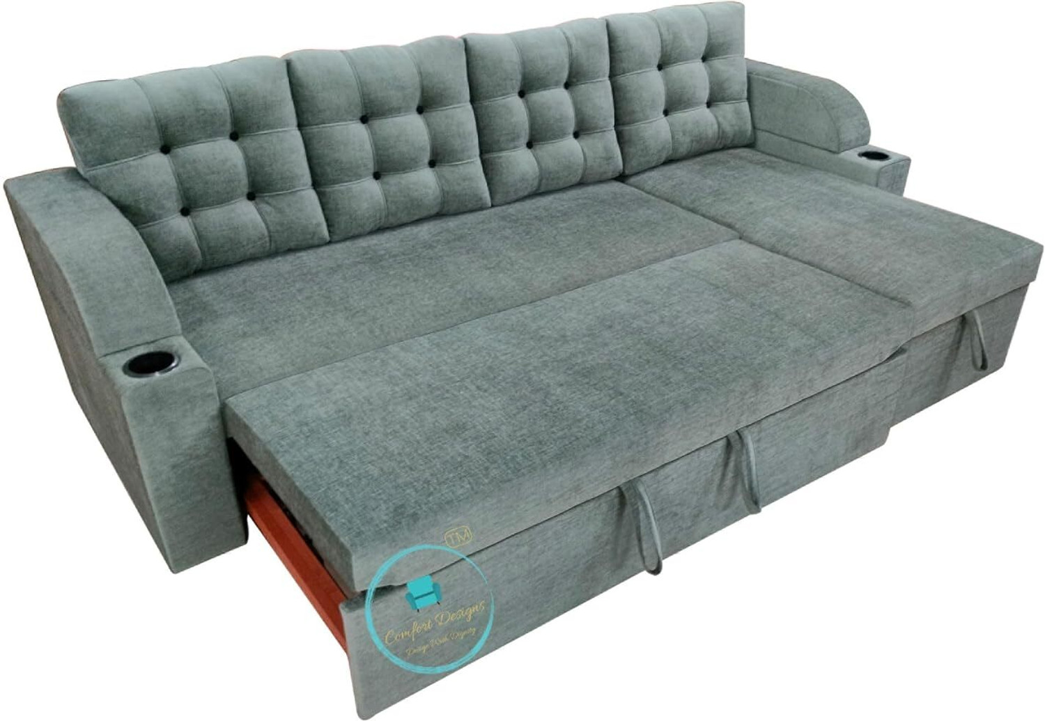 Image of CASPIAN L Shape Sofa Cum Double Bed (Left lounger) with Storage for Home & Living Room 5 Seater Double Solid Wood Pull Out Sofa Cum Bed
