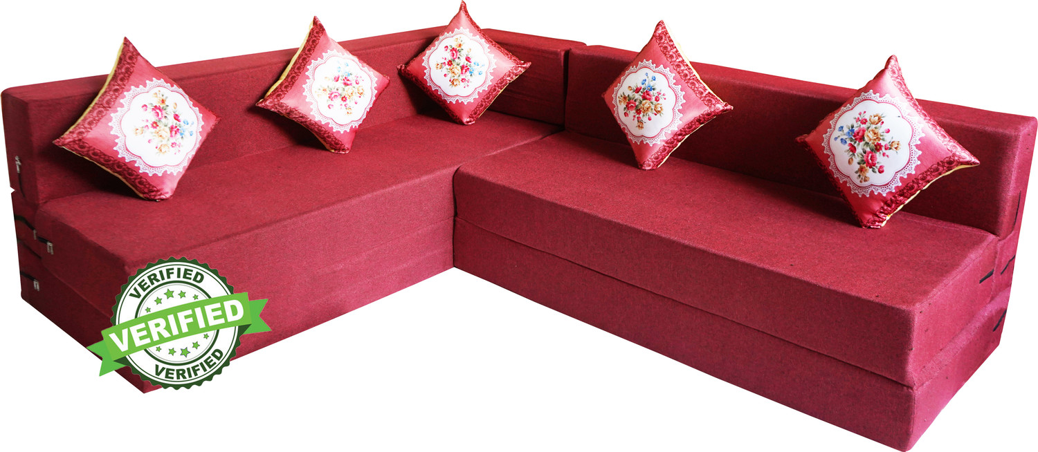 Image of Little Smile L-Shaped 78x60x16 inch- Jute Fabric 4 -Red 4 Seater Double Foam Fold Out Sofa Cum Bed